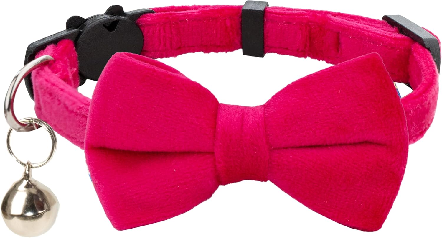 Cat Collar Soft Velvet with Bow Tie Bell Breakaway Safety Boy Girl Kitten Basic Pure Colors Male Female [1pc] Rose Red