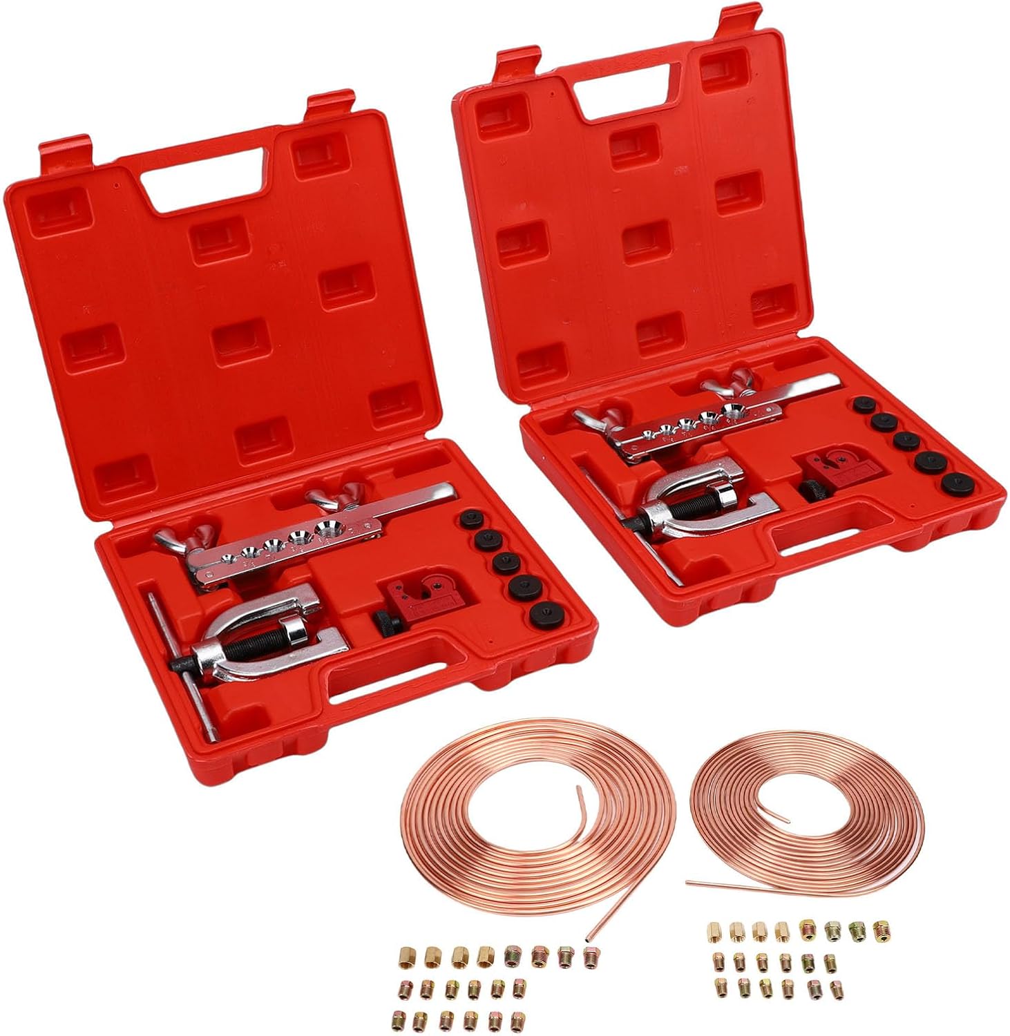 Keenso Brake Line Flaring Tool Kit, Copper Coated with 32 Fittings and 8 Unions for 3/16in and 1/4in Brake Line Replacement in Vehicles