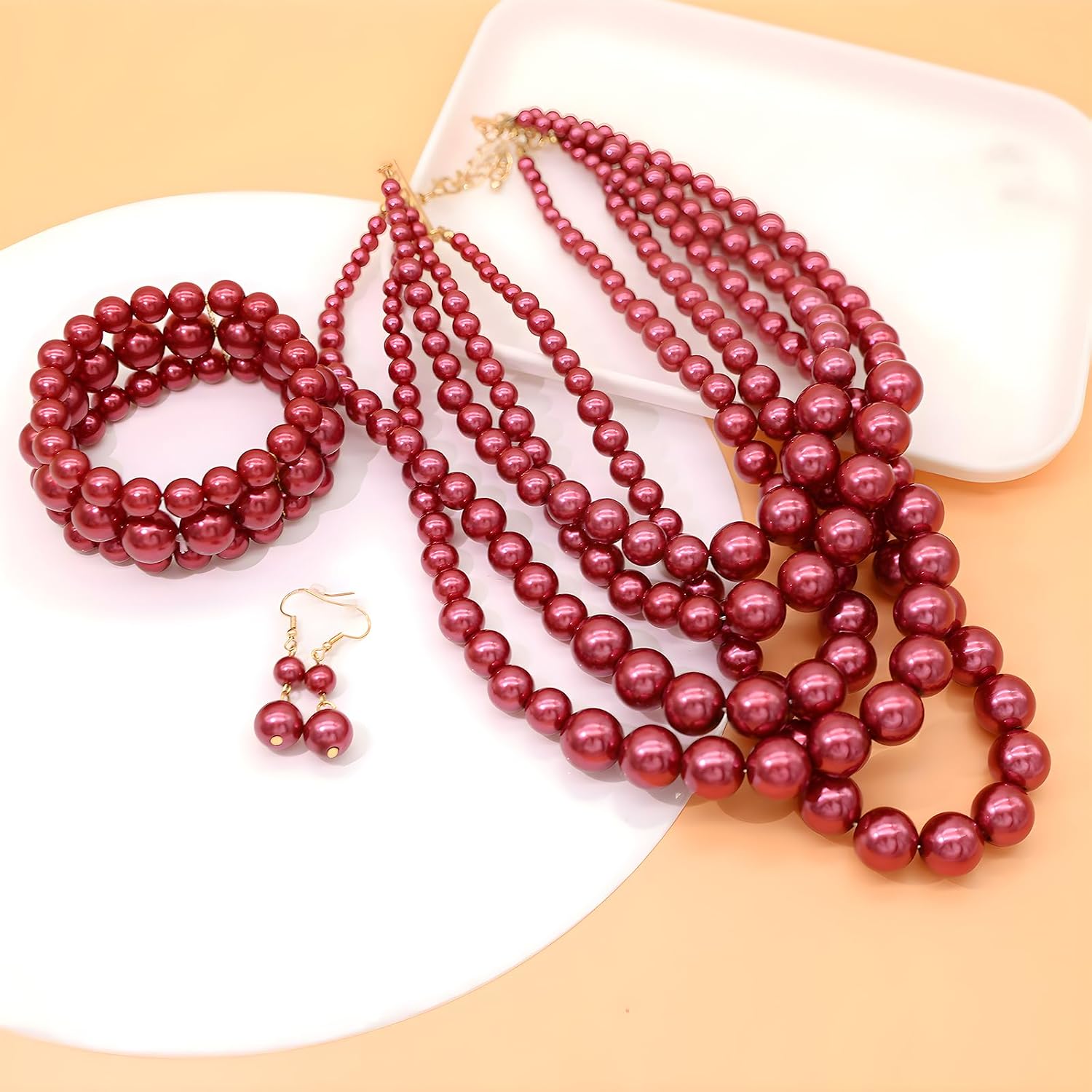 Big Faux Pearl Necklace for Women Large Pearls Choker Necklaces Chunky Pearl Necklace and Earrings Set 1920s Costume Pearl Jewelry (burgundy)