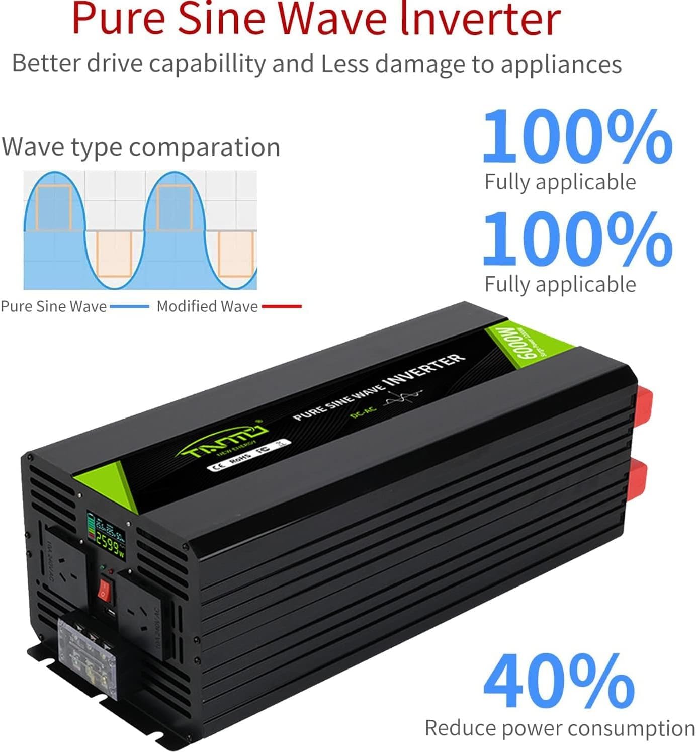 8000 W, 10000 W, 12000 W, falownik sinusoidalny, 12 V, 24 V, 48 V, DC na 110 V, 220 V, 230 V, konwerter do rodzinnego kampera, układu słonecznego, do samochodu, wycieczek, kempingu (2000 W, 48 V to220