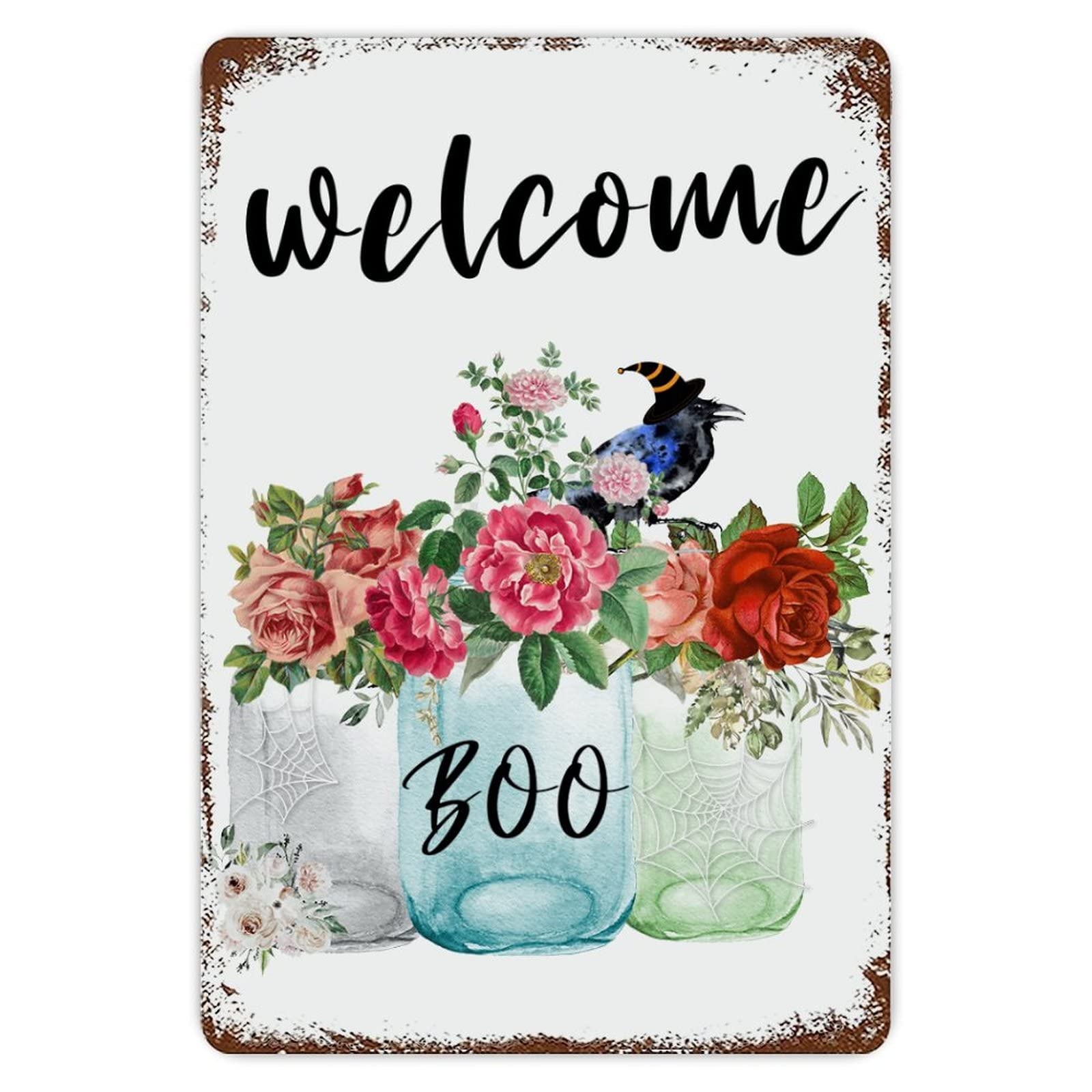 ENEDNATE Welcome Halloween Floral Vase Crow Aluminum Tin Sign 8x12 Inch Waterproof Vintage Metal Sign for School Office Classroom Gate Garage Garden Home Wall Decoration Housewarming Gifts