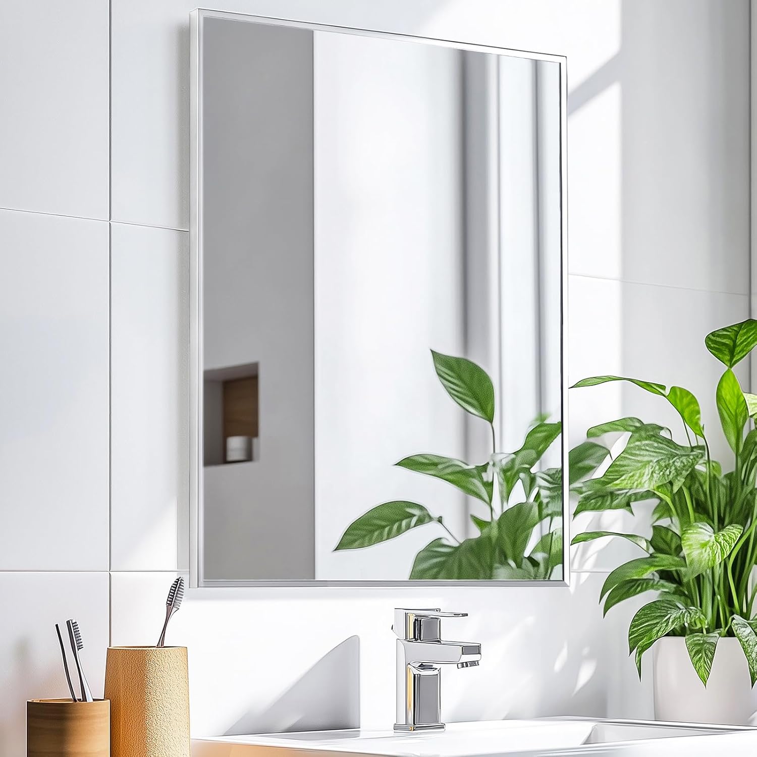 Sunniry Silver Bathroom Mirror, Bathroom Mirrors for Over Sink 24x36 inch, Rectangle Mirrors with Aluminum Metal Frame for Wall Décor, Living Room, Entryway, Bedroom.