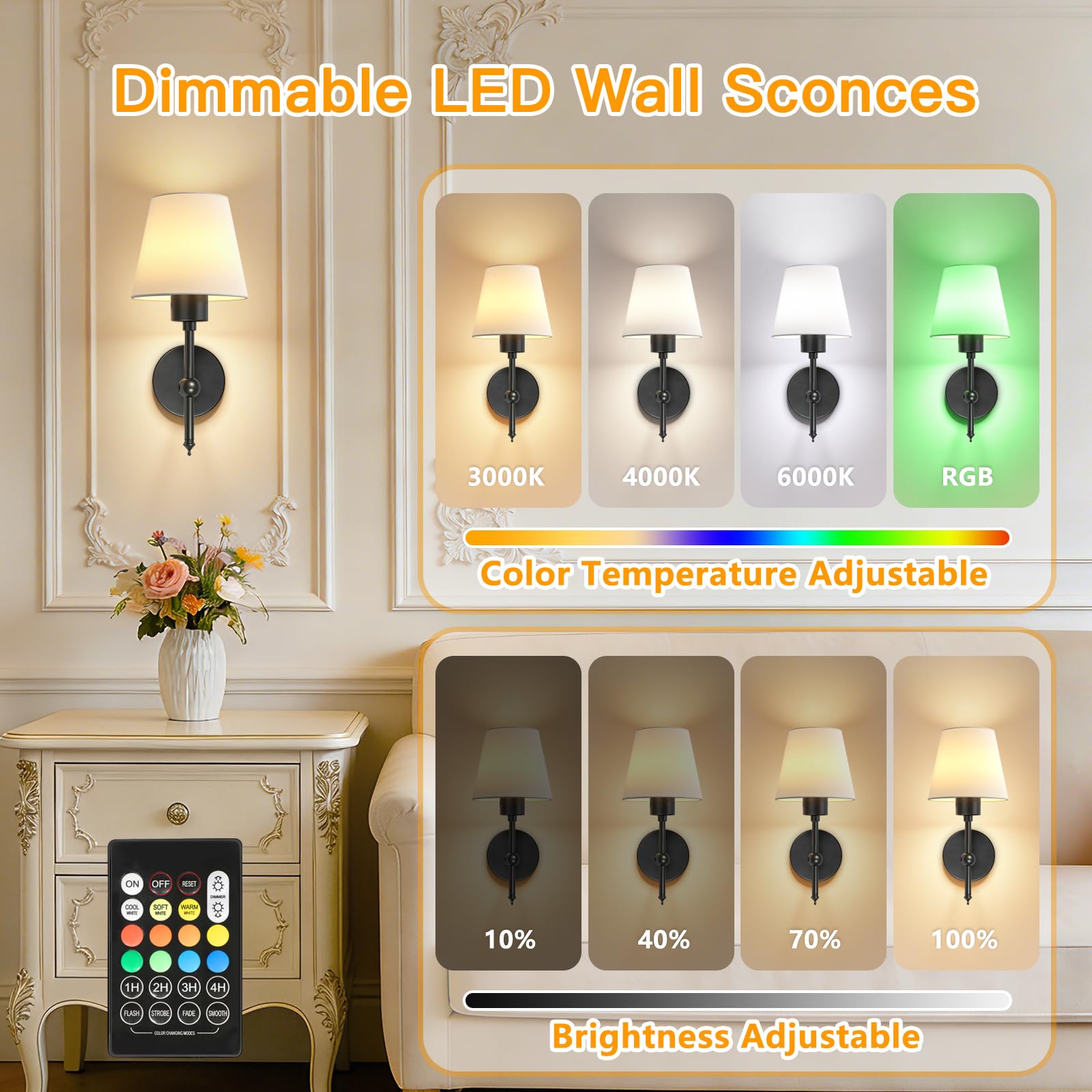 Apliques de Pared Interior, Lámparas de Pared LED Recargables con Batería Juego de 2 Lámpara LED Ajustable, 3 Temperaturas 12 RGB, Mando - Ideal Dormitorio Salón Pasillo - Negro