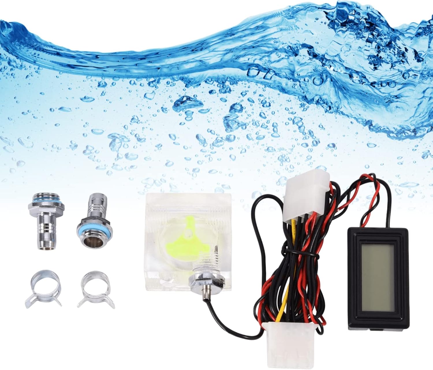 Yosoo PC 3 Way Flow Meter Digital Thermometer, Computer Water Cooling System Kit with Two Connectors and Clamps Water Cooling System Kit for Computer Laptop