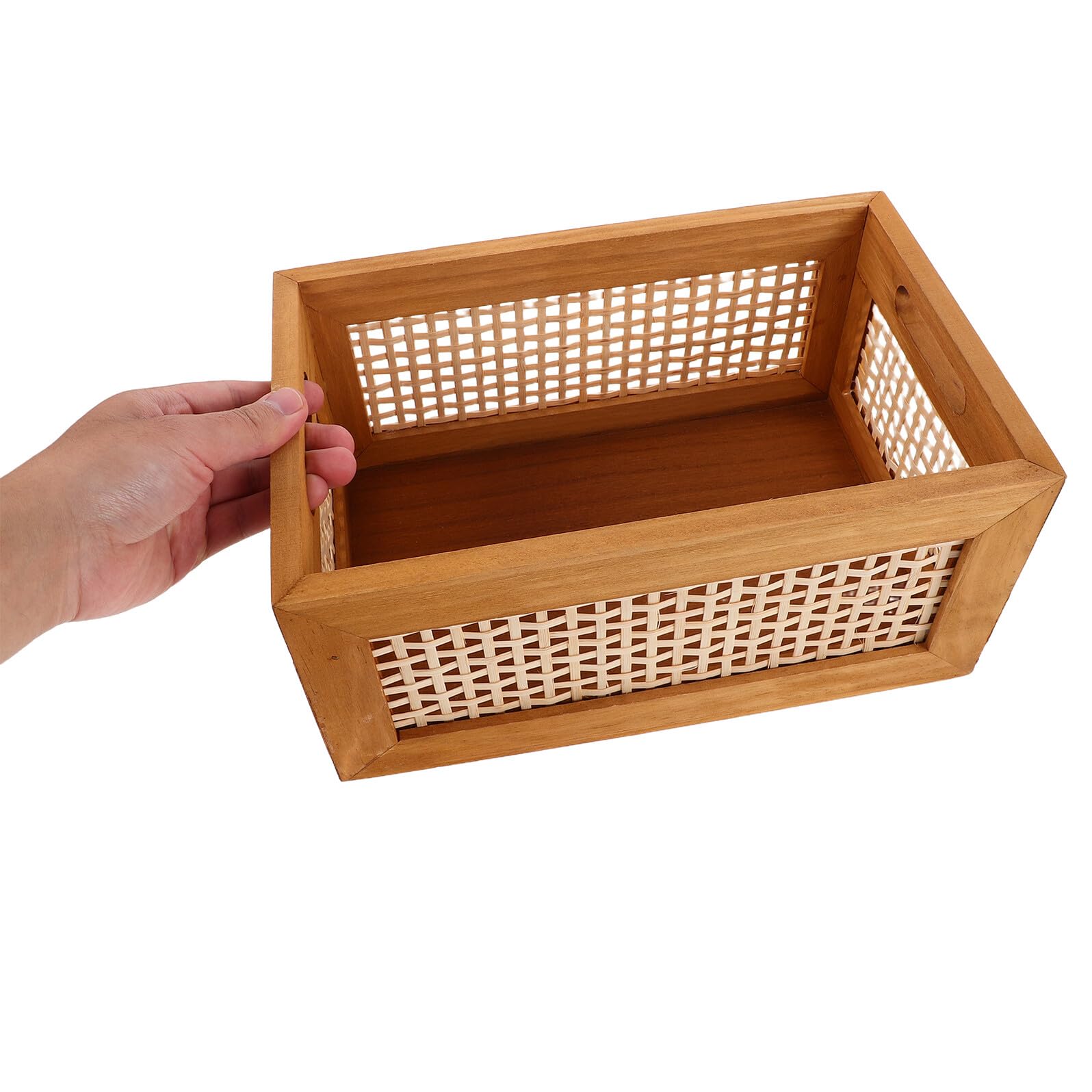 Cesta Rústica de Madera Rectangular para Almacenamiento y Decoración | Bambú Tejido, Asas Integradas, Color Caqui, Uso en Encimera y Oficina, Apta para Libros y Material