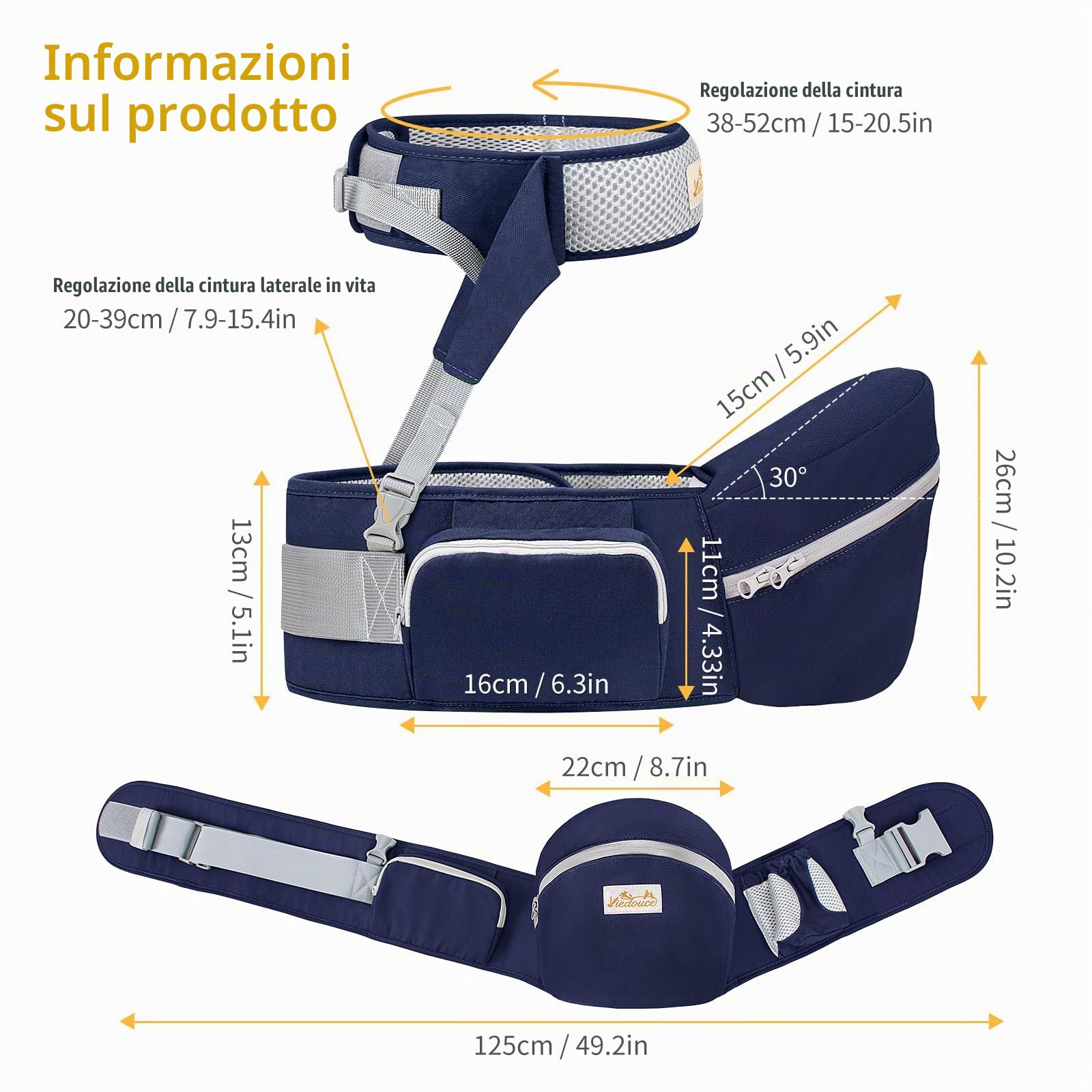 Viedouce Hipseat Marsupio con Protezione per Cintura di Sicurezza,Puro Cotone Leggero e Traspirante,Ergonomico Neonati Marsupio Sicurezza Supporto per Bambino da 4-36 Mesi (Blu Scuro)