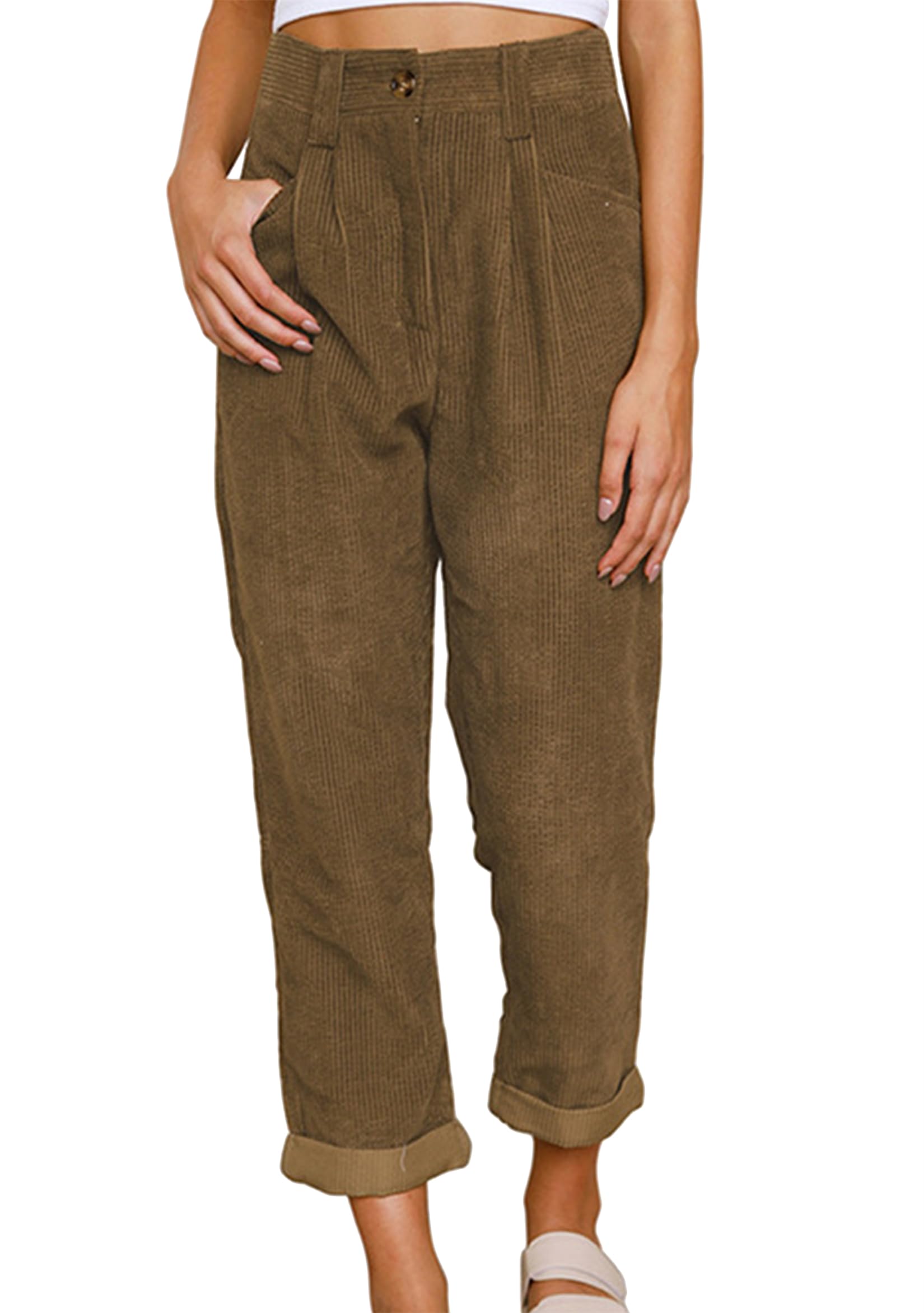 TYQQU Women Fall Corduroy Pants Casual High Waisted Straight Leg Pants Stretchy Work Trousers with Pockets