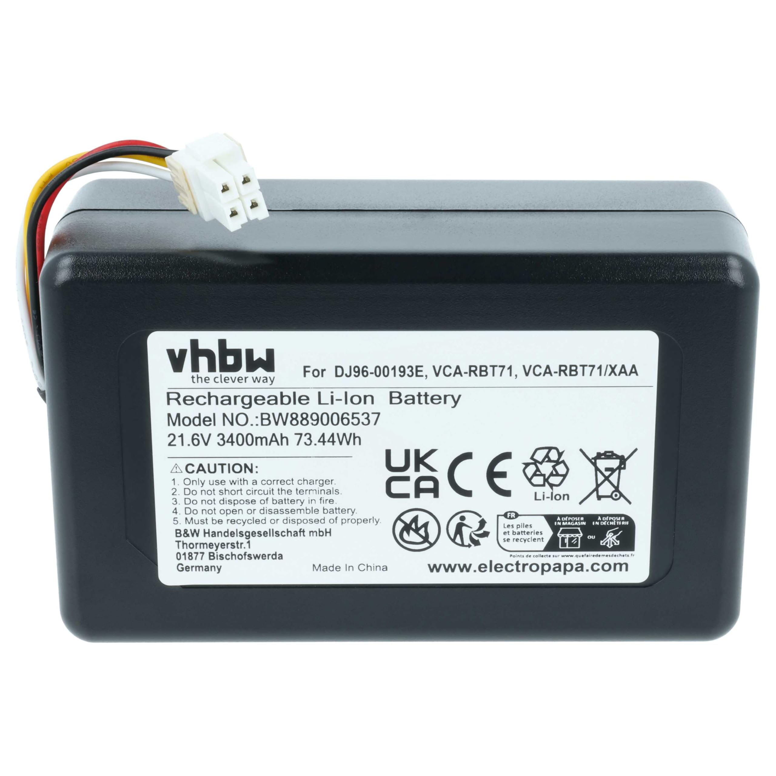 vhbw Bateria zamienna do Samsung DJ96-00193E, VCA-RBT71/XAA, VCA-RBT71 do robota odkurzającego (3,4 Ah, 21,6 V, litowo-jonowa)
