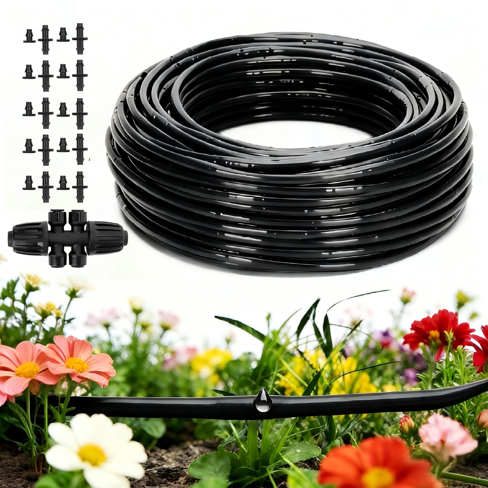 1/4" Drip Irrigation Tubing with 6" Emitter Spacing, (100 Ft Roll) Hydroponics Dripline, 1/4" Drip Irrigation Fittings Included, Built-in 0.5 GPH Dripper, Drip Line for Irrigation System (Black)