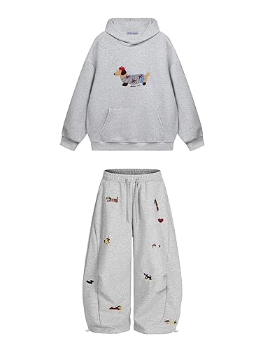 Aelfric Eden Embroidery Puppy Hoodie and Sweatpants Sweatsuits 2 Piece Set Track Suits Sweat Matching Lounge Pants Grey XS