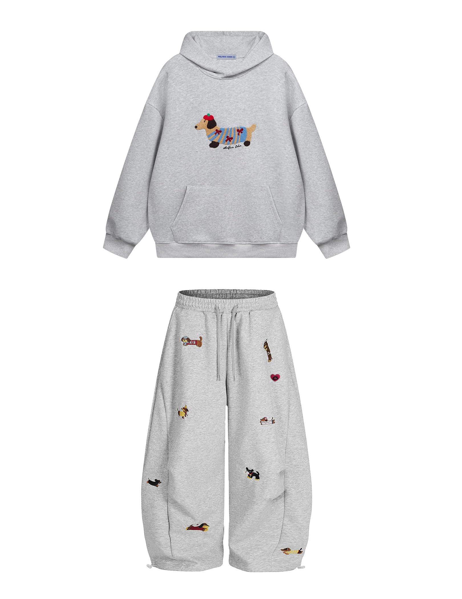 Aelfric Eden Embroidery Puppy Hoodie and Sweatpants Sweatsuits 2 Piece Set Track Suits Sweat Matching Lounge Pants Grey
