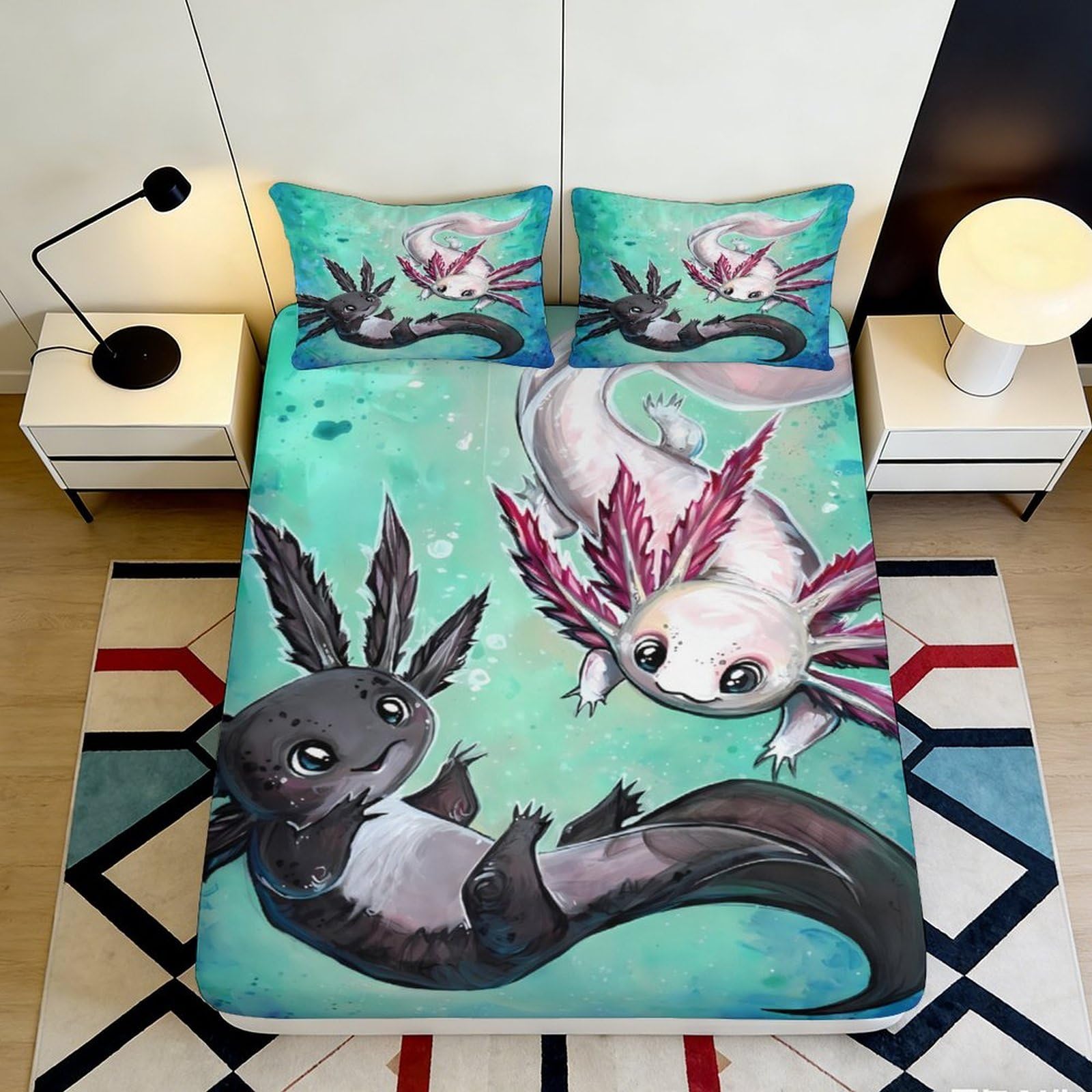 3D Printed Axolotl Cartoon Fitted Sheet Microfiber Soft Turquoise Fantasy Bed Cover for Bedroom Dorm Mattress Protection 90x200x25cm