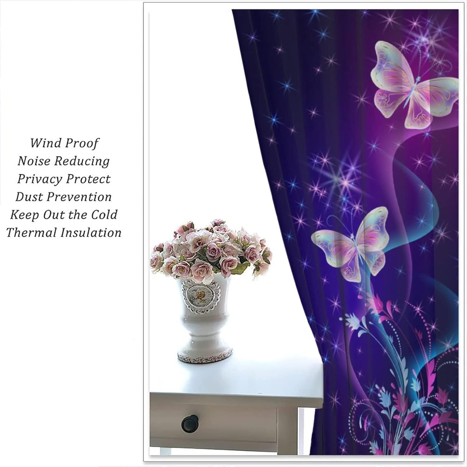 Butterfly Window Curtains,Pink Purple Butterfly Shining Light Blackout Rod Pocket Thermal Drapes Window Treatments for Boys Girls Bedroom Living Room Decor W42xL54in