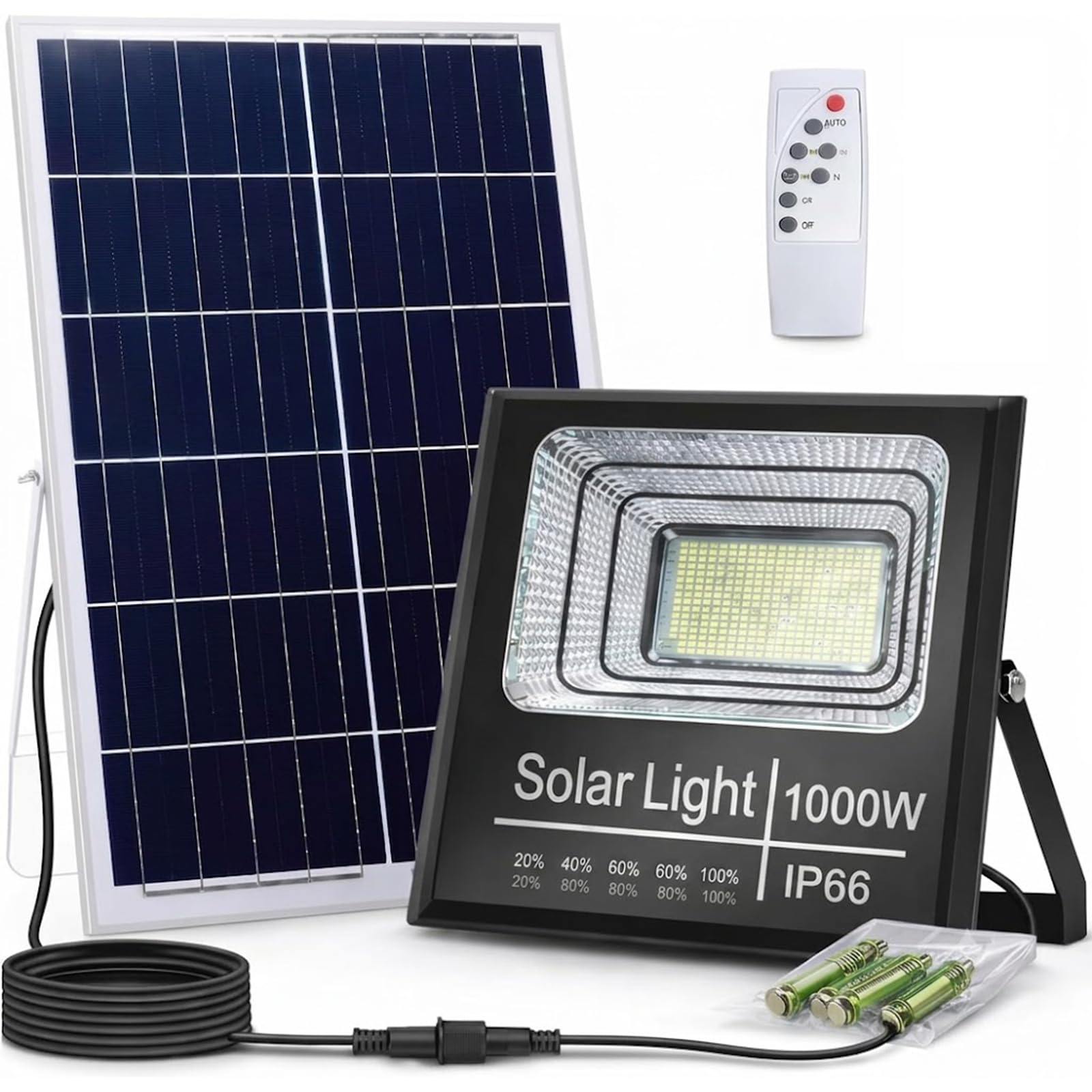 Faro Solare LED 1000W con Pannello Solare, Luce Esterno 6500K Ultra Potente, Sensore Crepuscolare Automatico, Telecomando, IP66 Impermeabile, Faretto da Esterno per Giardino, Cortile, Strada