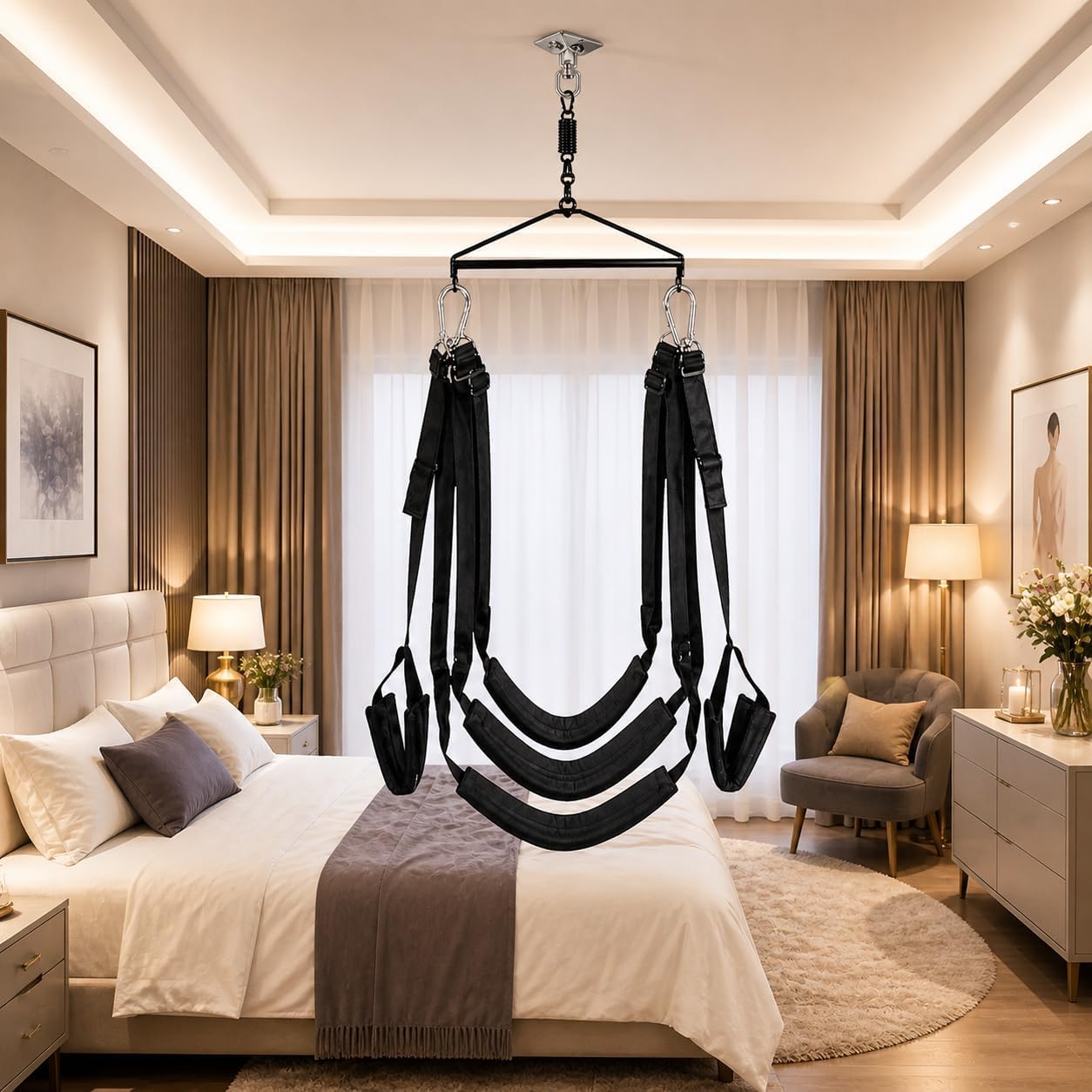Balançoire Érotique pour Adultes, Rotation à 360°, Balançoire de Porte et de Plafond 2 en 1, Ensemble de Jouets BDSM (Balançoire Carmen au Plafond Noir)