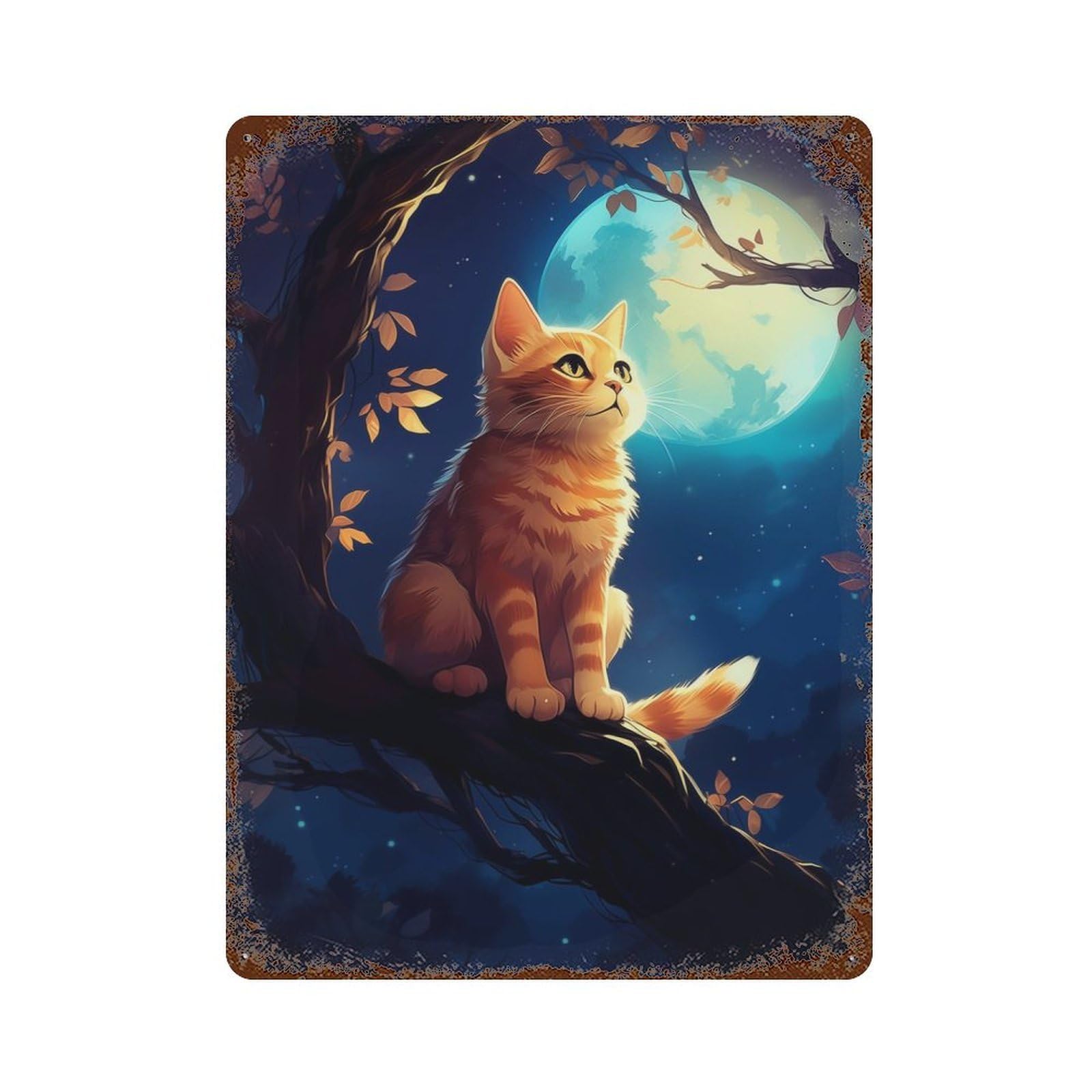 Cute Cat Looking at Moon 15.7"x11.8" Vintage Rust Metal Sign, Shabby Chic Decor for Garage, Bar And Workshop Decor