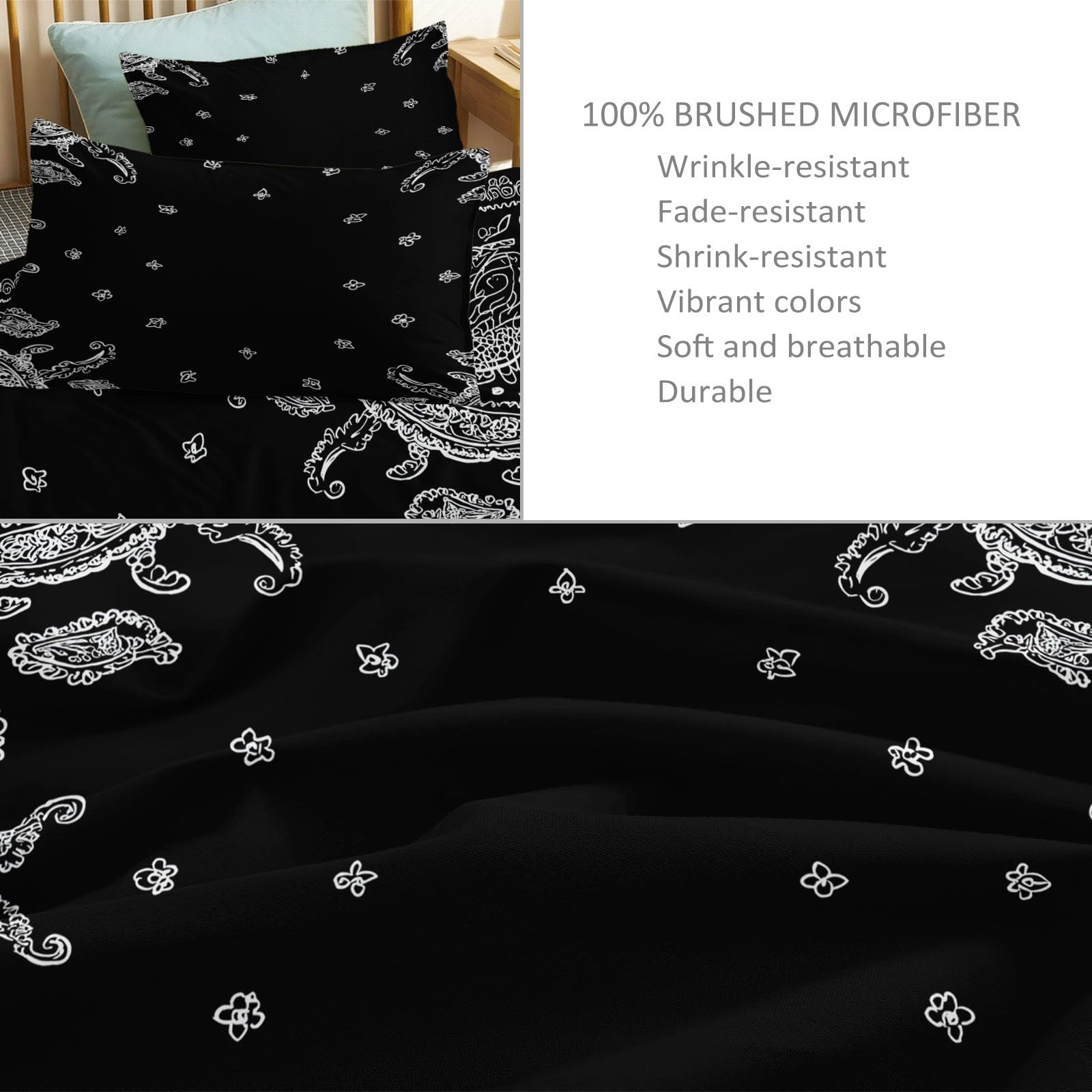Generico Czarna miękka szczotkowana poszwa na kołdrę z mikrofibry i 2 poszewki na poduszki - Dwustronny elegancki uroczy tradycyjny zestaw pościeli 200 x 200 cm
