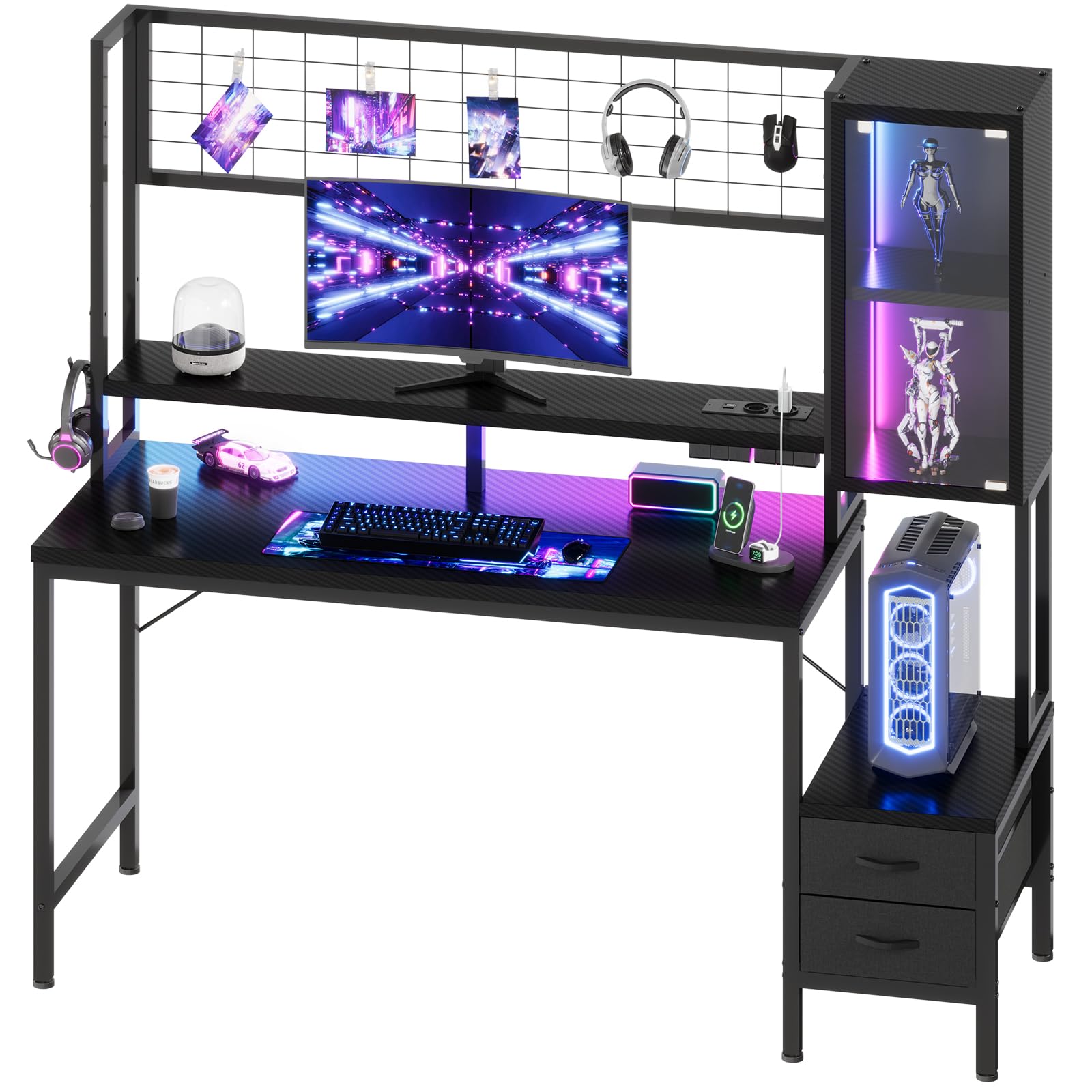 Devoko Bureau Gaming 140cm, LED & Prises, Panneau Grille & Vitrine, Noir