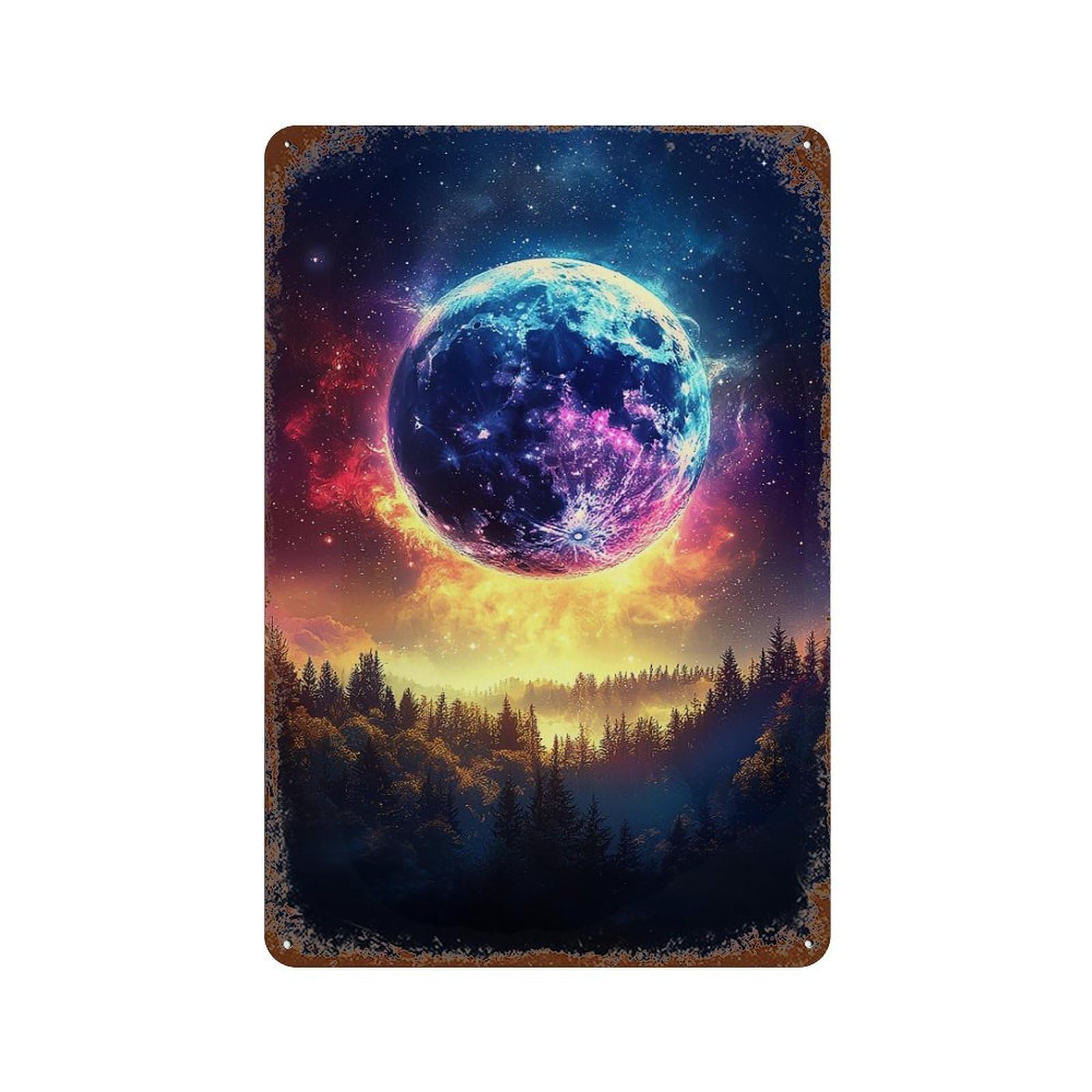 Cosmic Forest Night Sky Rust Effect Tin Sign 11.8"x7.9", Retro Wall Decor for Pub, Kitchen And Man Cave Decor