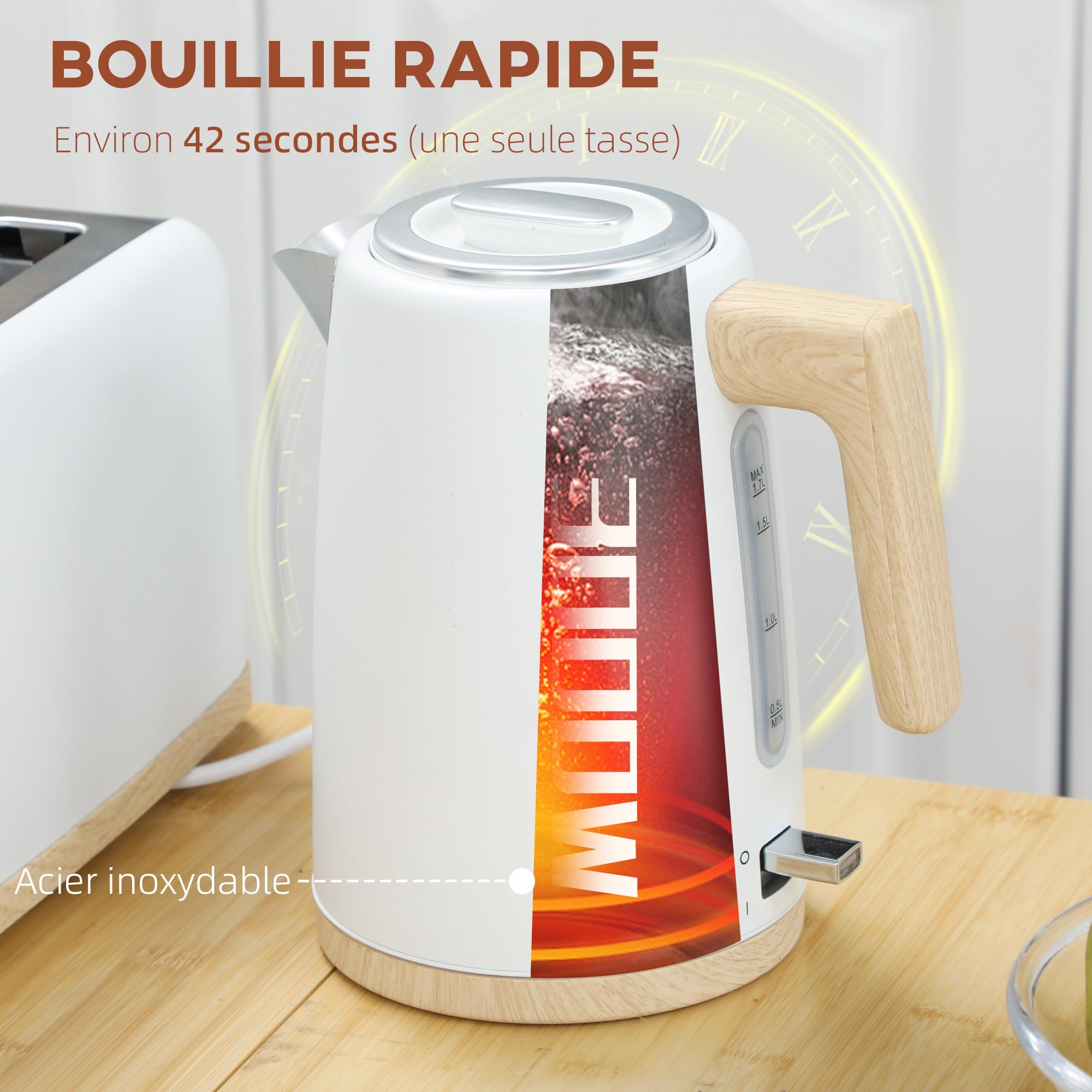 HOMCOM Bouilloire et Grille-Pain 2200W, 1,7 L Acier Inoxydable, 2 Tranches, 7 Niveaux de Brunissage, Blanc