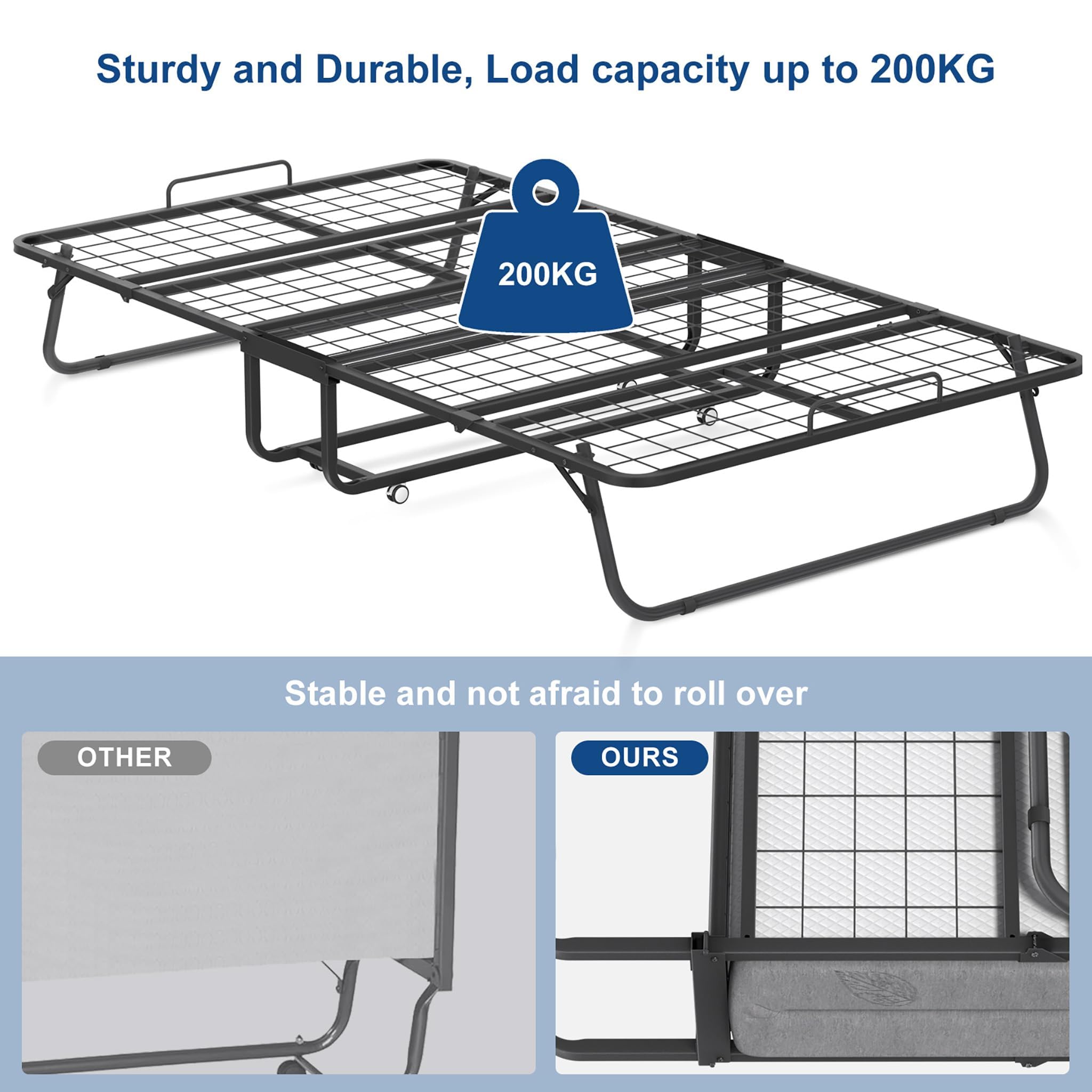 FIVMEN Klappbett 90x200 cm Bett Feldbett Gästebett Klappbar mit 13cm Dicker Schwamm Matratze Tragbar Bettgestell Reisebett mit 4 Laufrollen, bis 200 kg Belastbar