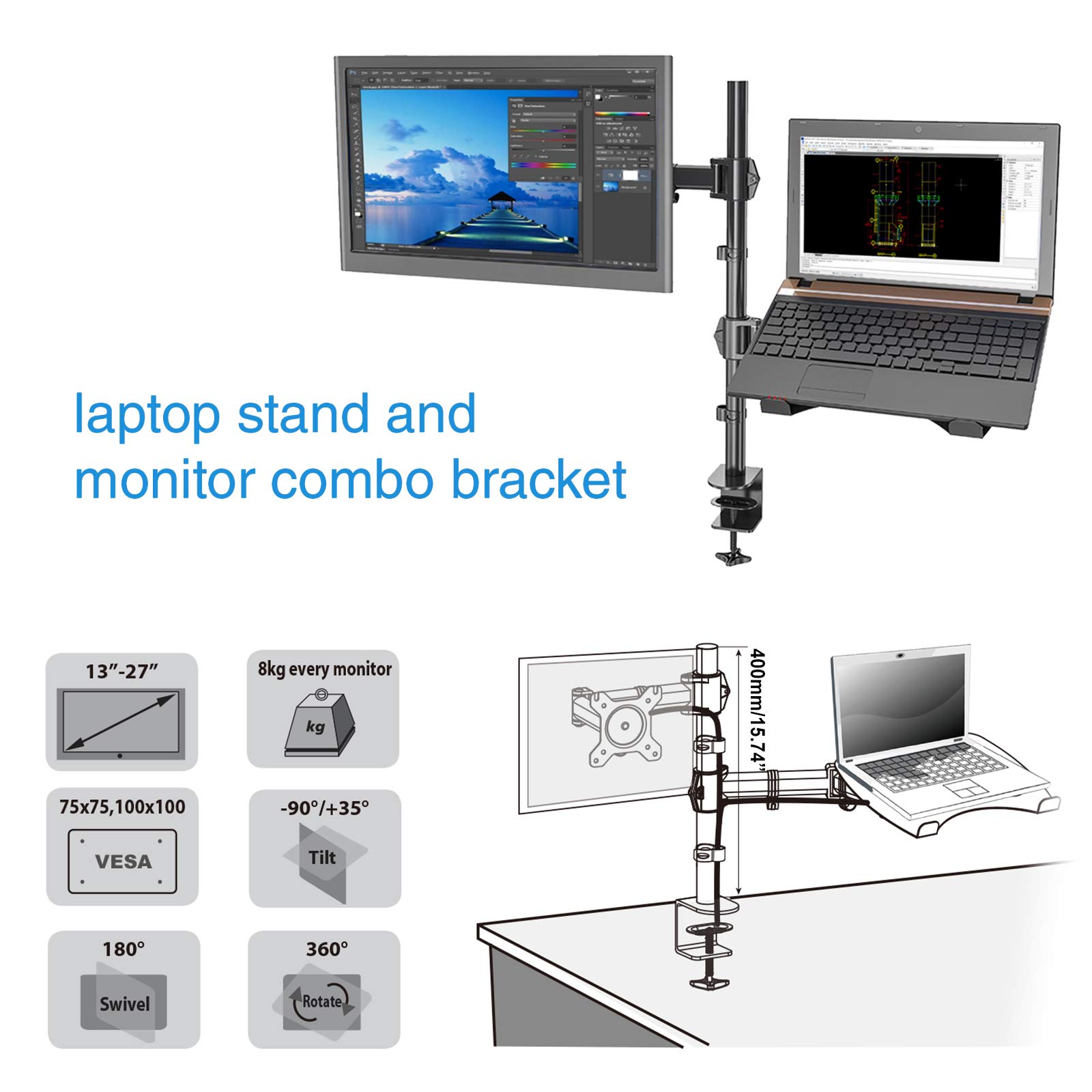 HFTEK, HF282LM, supporto da tavolo per monitor da 13 a 27 pollici con VESA 75/100, completamente mobile, altezza regolabile, con supporto per laptop, notebook, tablet, iPad