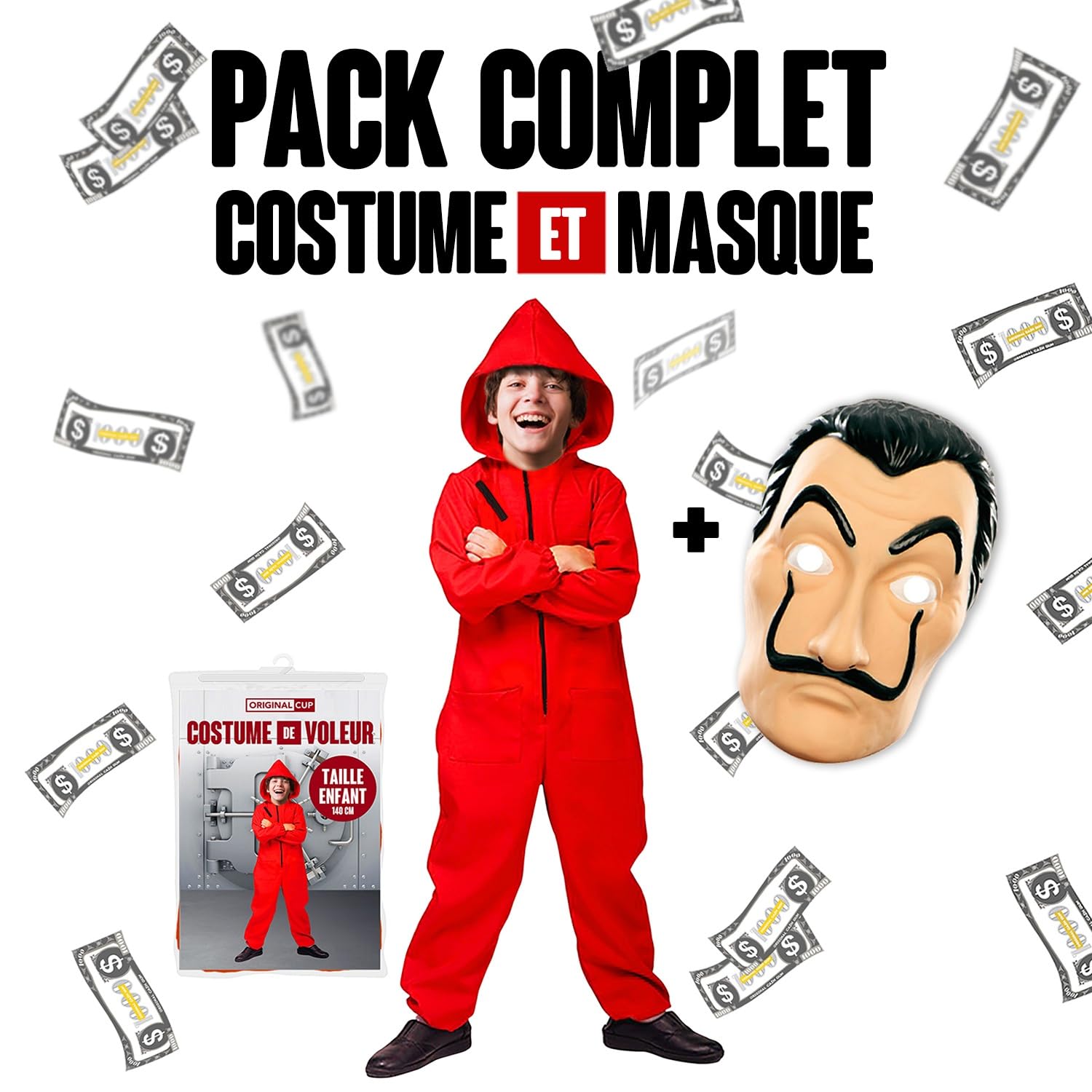 Gesamtes Kostüm Haus des Geldes | Komplettset Serie Haus des Geldes | Rote Kombi mit Kapuze Kinder (6-10 Jahre/140 cm) + Originale Dali Maske | Einbrecher | OriginalCup