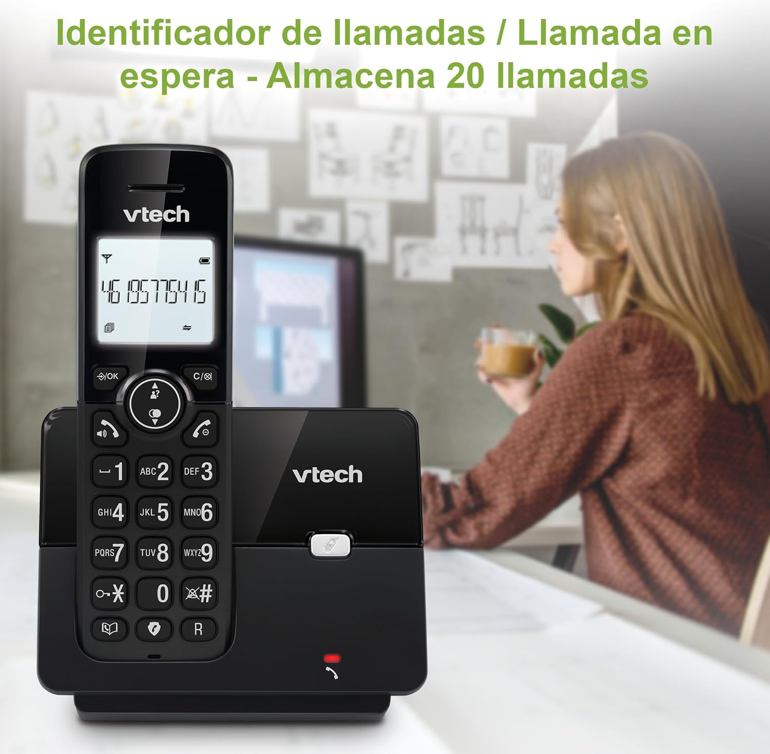 VTech CS2000 handset displaying a phone number, with a person in the background, illustrating caller ID functionality.