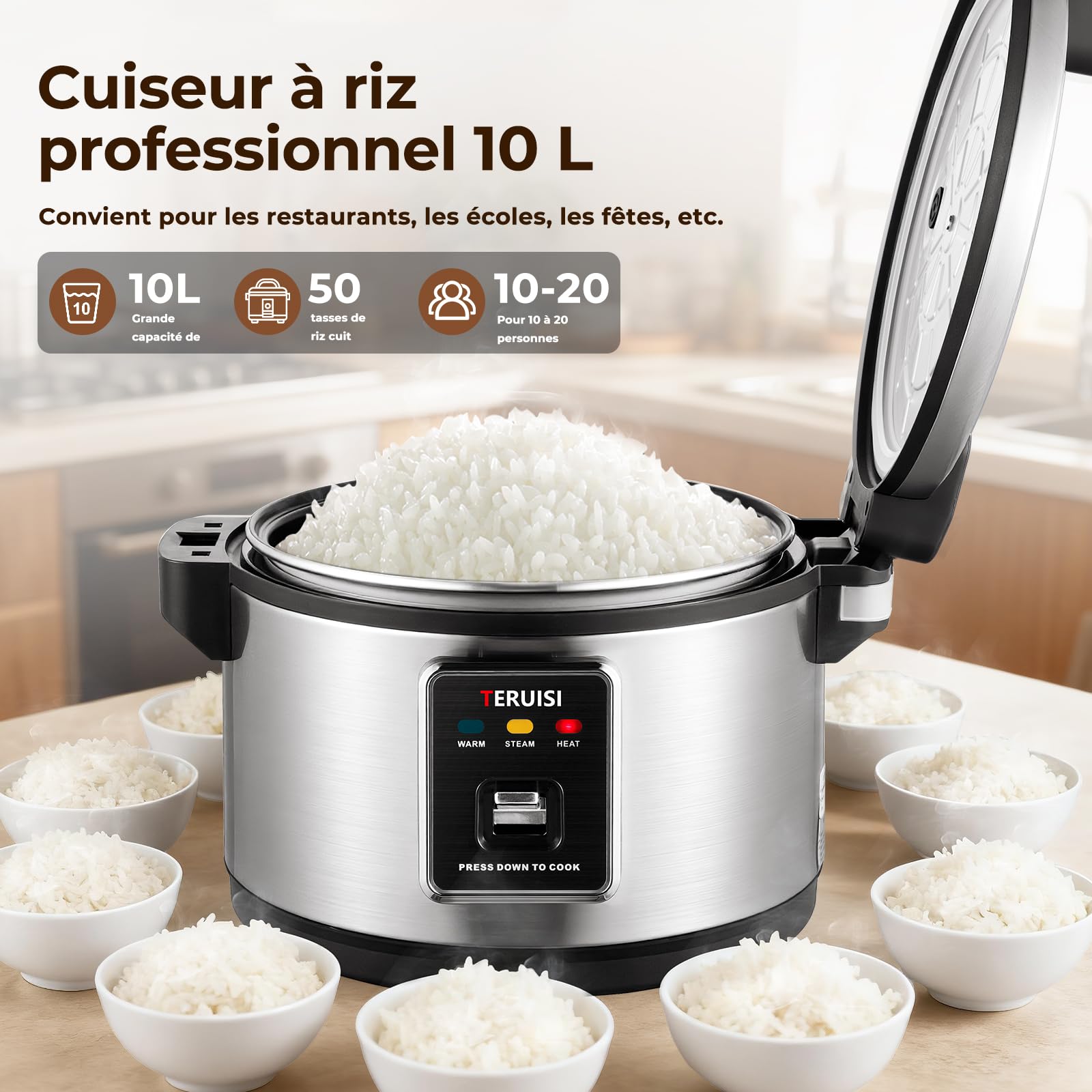 Cuiseur à Riz Professionnel 10 L 1850 W, Cuiseur de Riz Électrique Grande Capacité, Maintien au Chaud, 50 Tasses de Riz Cuit, Cuve Antiadhésive, Cuisson Rapide pour Restaurant, Traiteur
