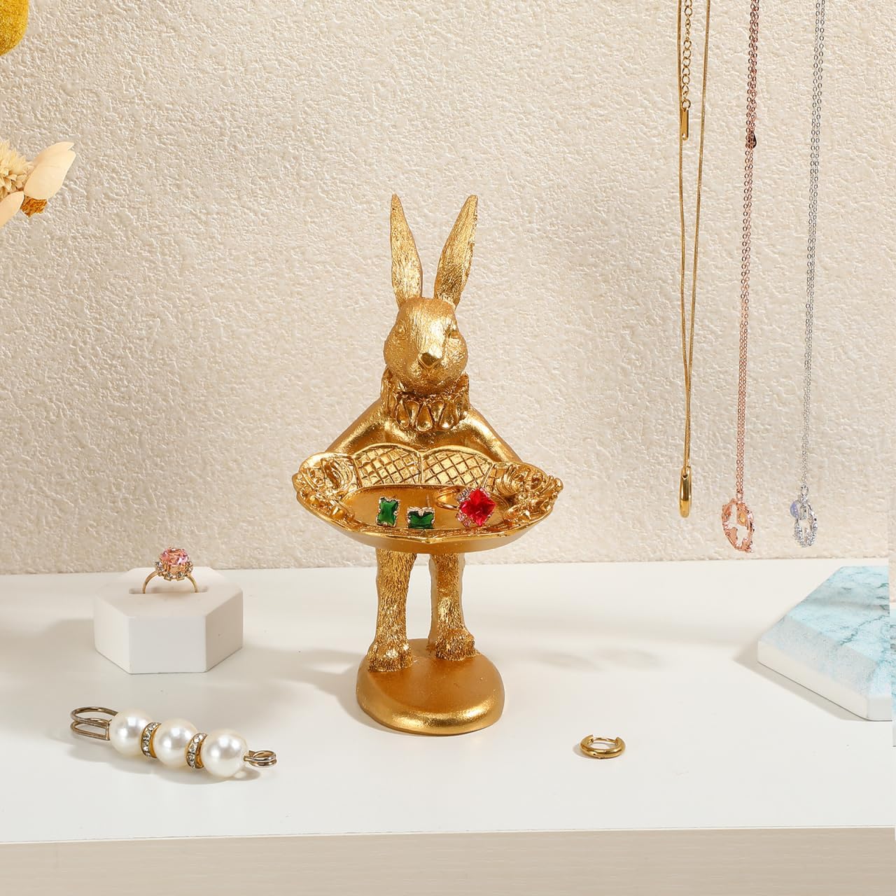 DOITOOL Gold Bunny Decor Ring Holder Jewelry Tray, Retro Rabbit Figurine Trinket Dish for Nightstand Decor, Standing Easter Bunny Statue for Desktop Ornaments Photo Props Boutiques Display