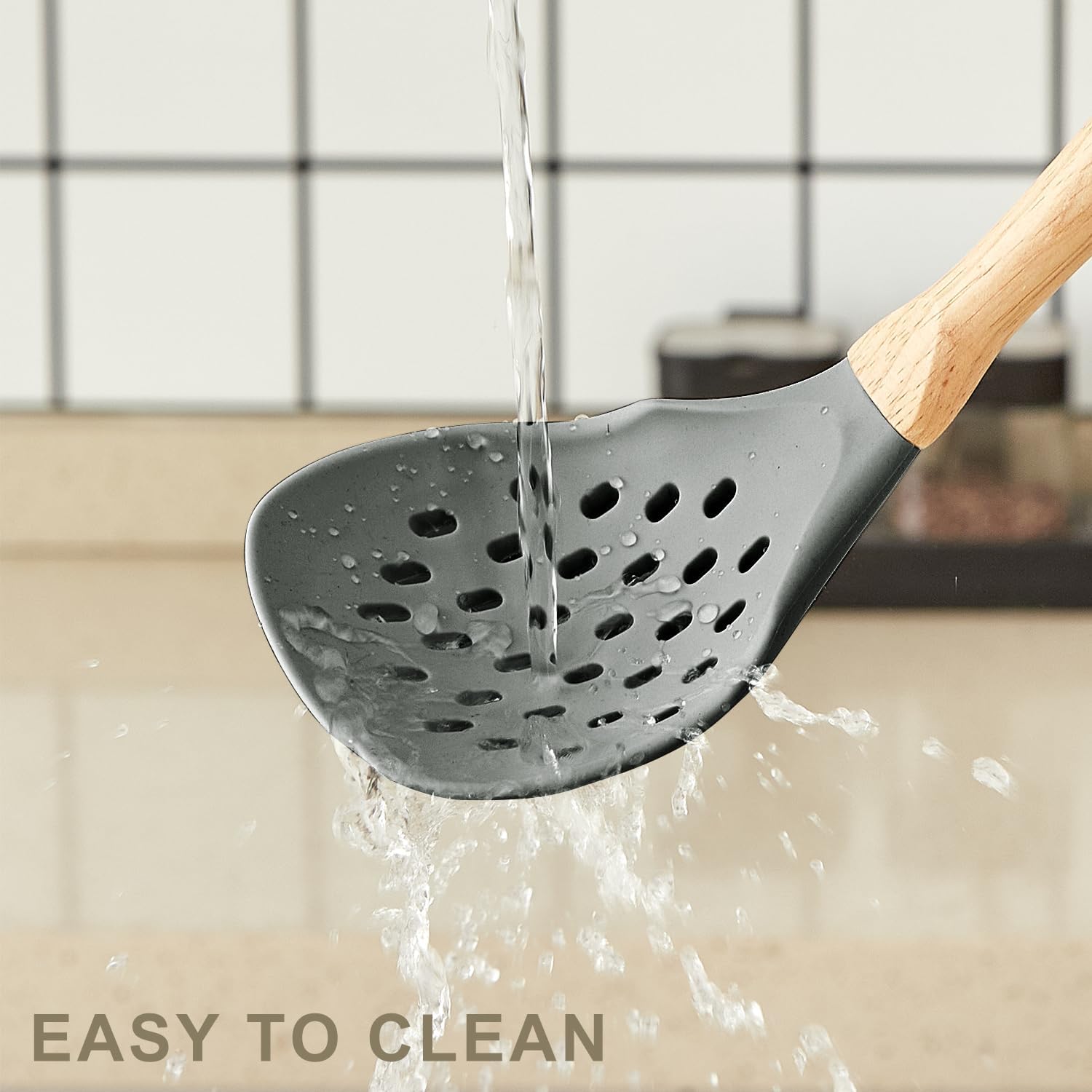 Kitchen Utensils Set - 34 PCS Non-Stick Silicone Cooking Utensils Set Spatula Set with Holder, Wooden Handle Spoon,Brush,Whisk Kitchen Gadgets Tools Set for Nonstick Cookware (Gray-34P) - Image 4