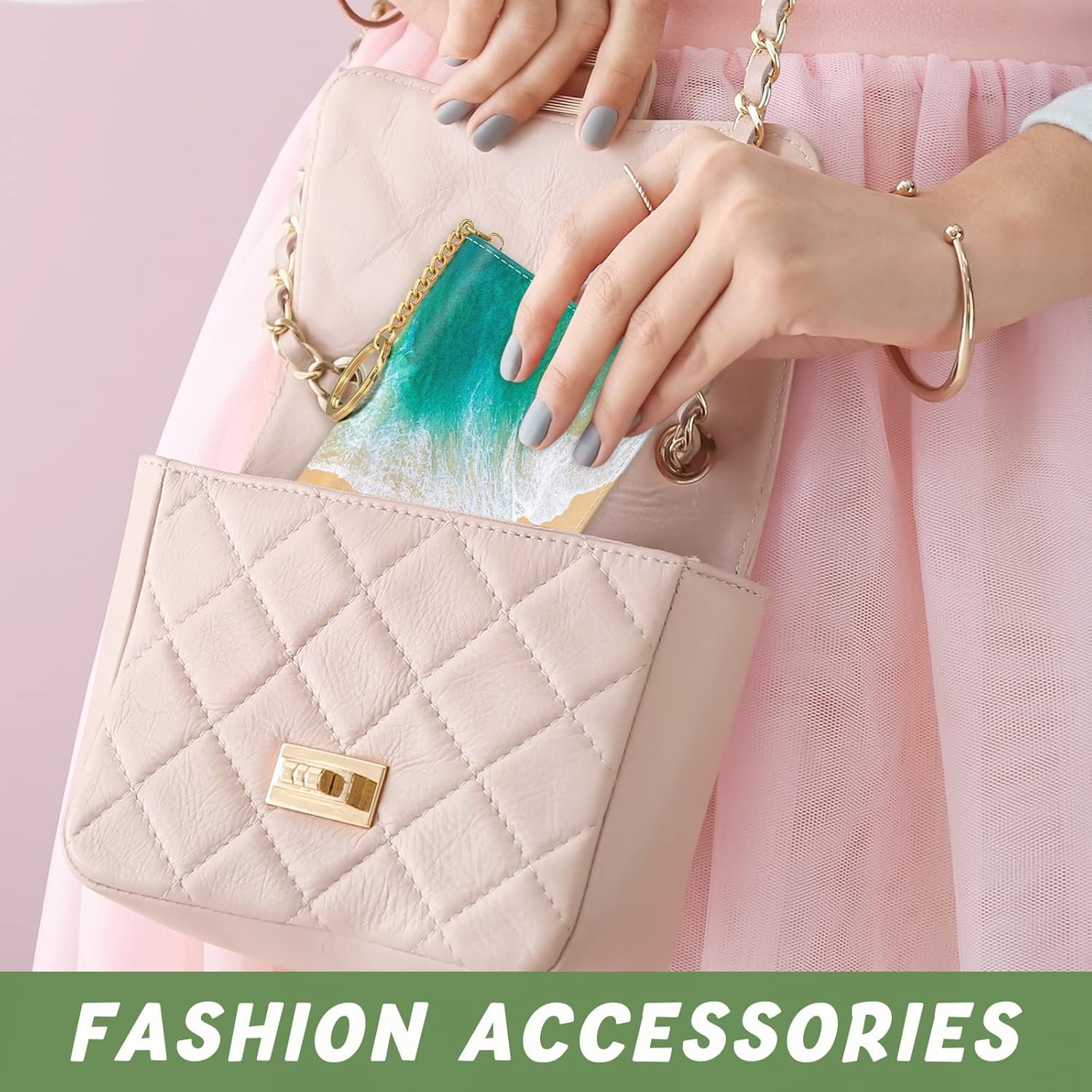 Credit Card Holder for Women, Small RFID Wallet Slim Leather Business Card Organizer Case with Zipper and Keychain, Beach - Image 6