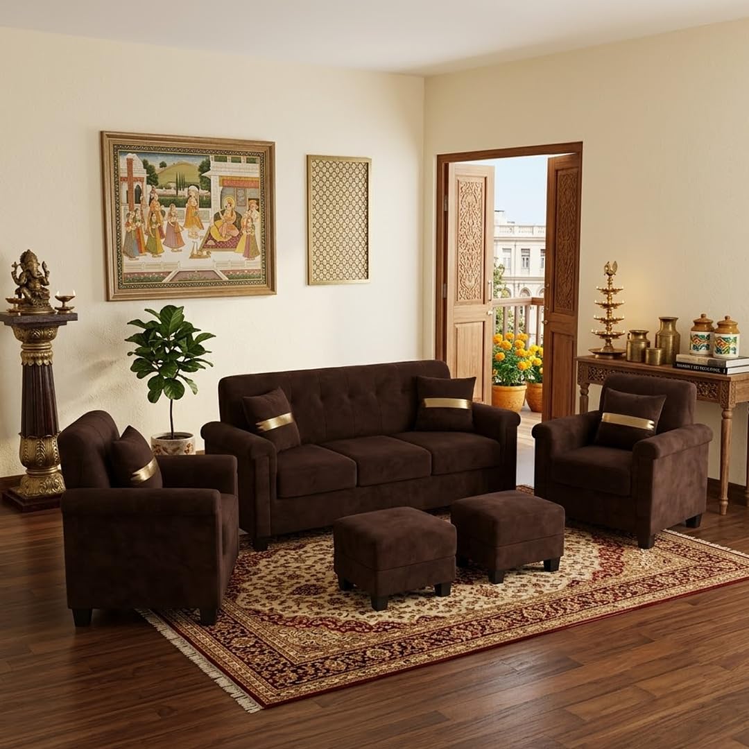 FURNY Woodswave 5 Seater 3+1+1+2 Puffy Sofa Set for Living Room in Premium Velvet Finish (Dark Brown) Durable & Comfortable Ideal for Living Rooms