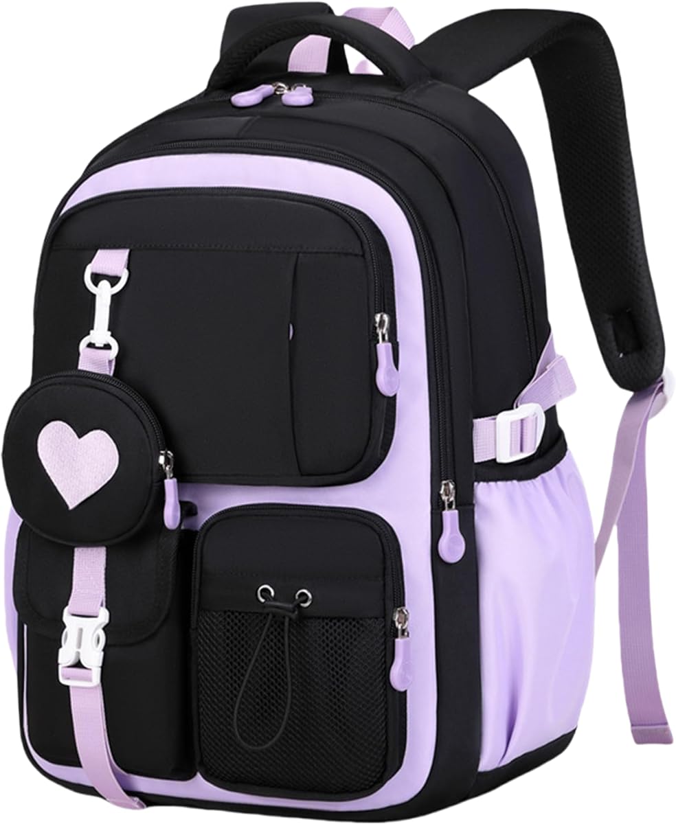 Cute School Backpack for Teen Girls Kawaii Large Waterproof Bookbags for Kids Elementary Middle High School Students Preppy Aesthetic Heart Book Bag (Black Purple)