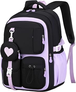Cute School Backpack for Teen Girls Kawaii Large Waterproof Bookbags for Kids Elementary Middle High School Students Preppy Aesthetic Heart Book Bag Black Purple