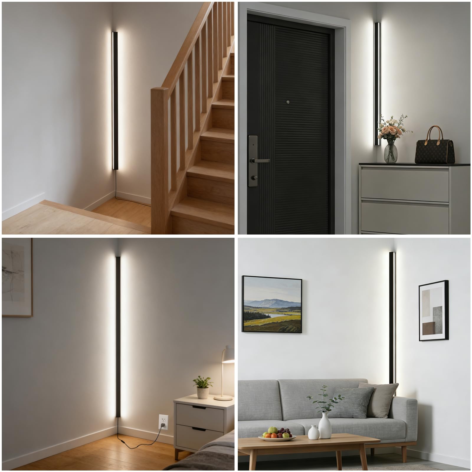 LANMOU Lange Wandleuchte Innen Dimmbar 150cm Schwarz LED Ecklampe 4000 LM | Wandlampe mit Fernbedienung ＆ Stecker, Modern Aluminiumgehäuse, 3000-6000K Lichtfarbe, 50W, Kabelmontage für Wohnzimmer
