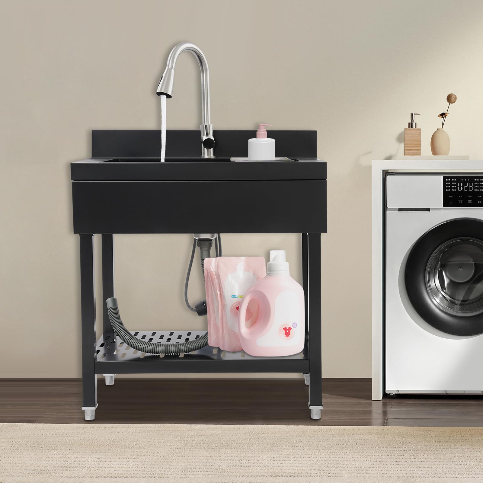 Évier de cuisine sur pied avec robinet extensible, évier en acier inoxydable, évier extérieur, lavabo de jardin, pieds réglables, jusqu'à 150 kg, 70 x 50 x 90 cm, noir