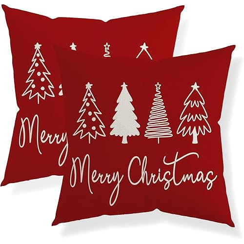 Christmas Pillow Covers 18x18 Set of 2, Christmas Decor Christmas Tree Throw Pillows Red Winter Decorative Cushion Case Christmas Decorations for Home Couch Sofa