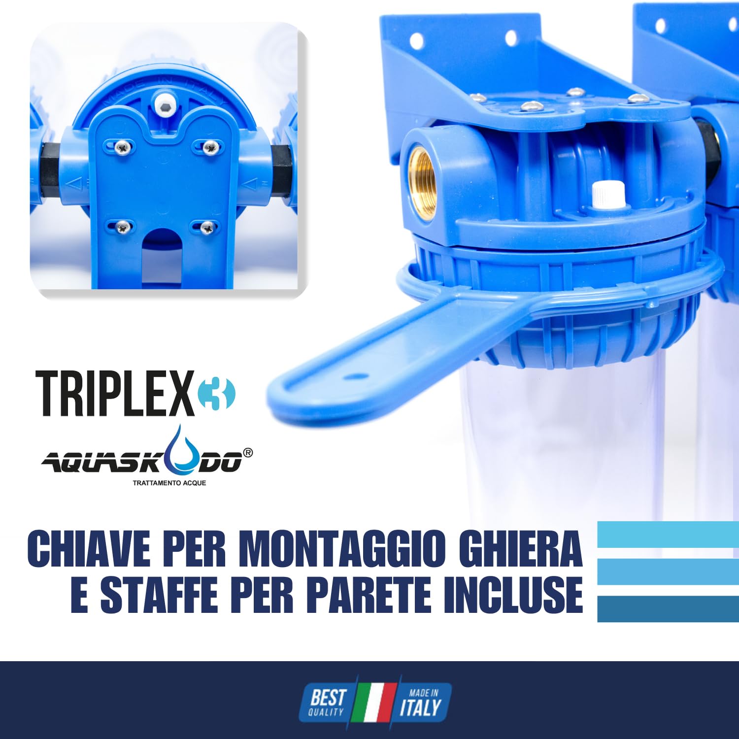 AQUASKUDO Filtro Acqua Rubinetto tre Stadi 3/4, Kit Filtro Acqua Sotto Lavello Made in Italy - Depuratore Acqua Domestico, Contenitore Filtri Anticalcare e Carboni Attivi