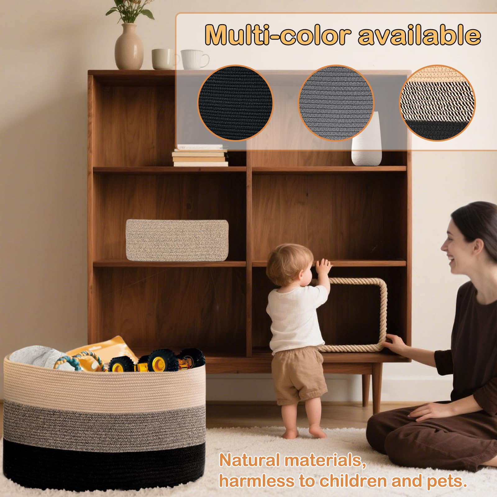 Cesto portabiancheria in corda di cotone, 84 l (giallo-nero), per bambini, giocattolo con manici rinforzati, in cotone, pieghevole, per cameretta dei bambini, bagno