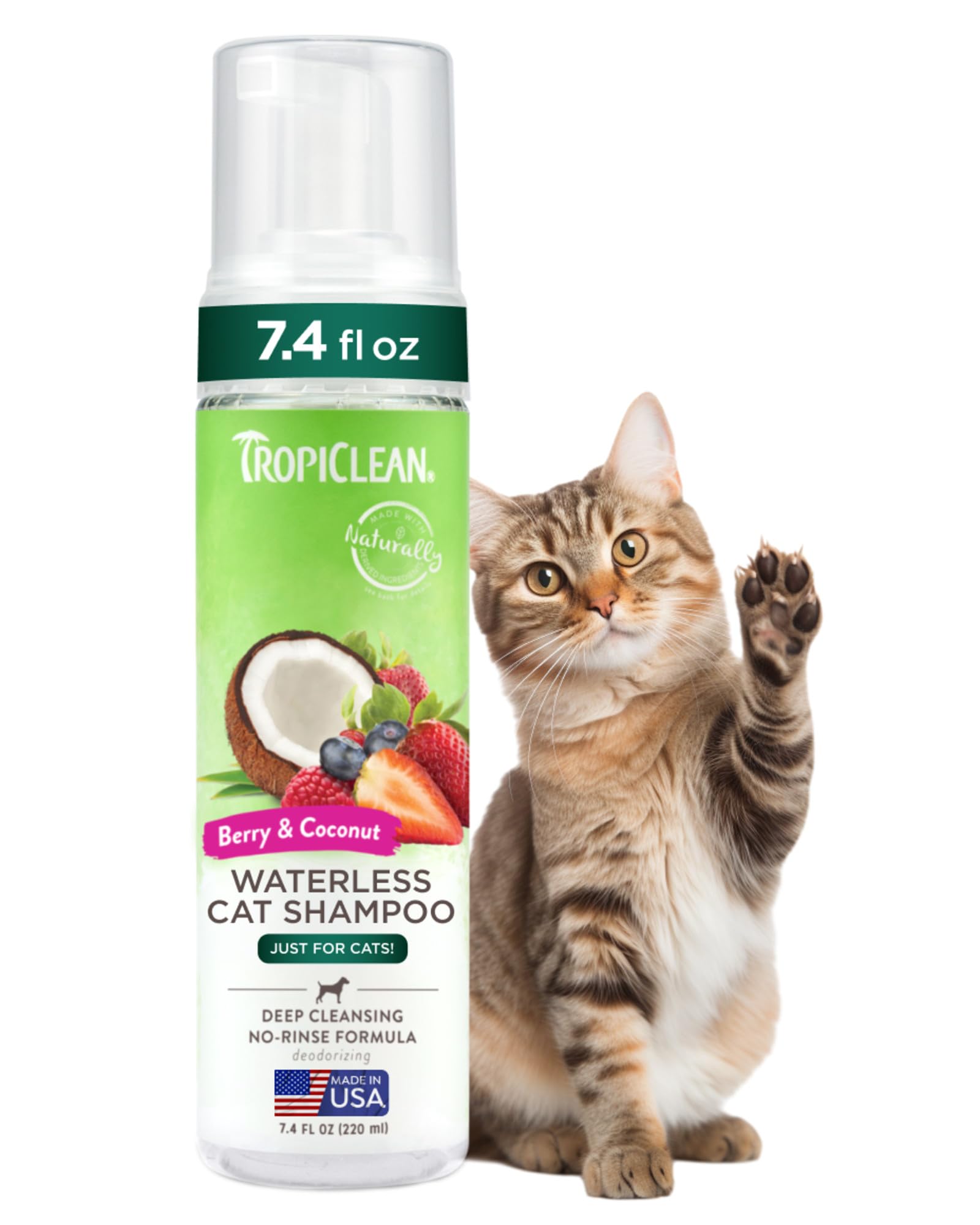 TropiClean Berry & Coconut Waterless Cat Shampoo | Deep Cleansing Dry Shampoo for Cats | Natural Cat Shampoo Derived from Natural Ingredients | Made in the USA | 7.4 oz.