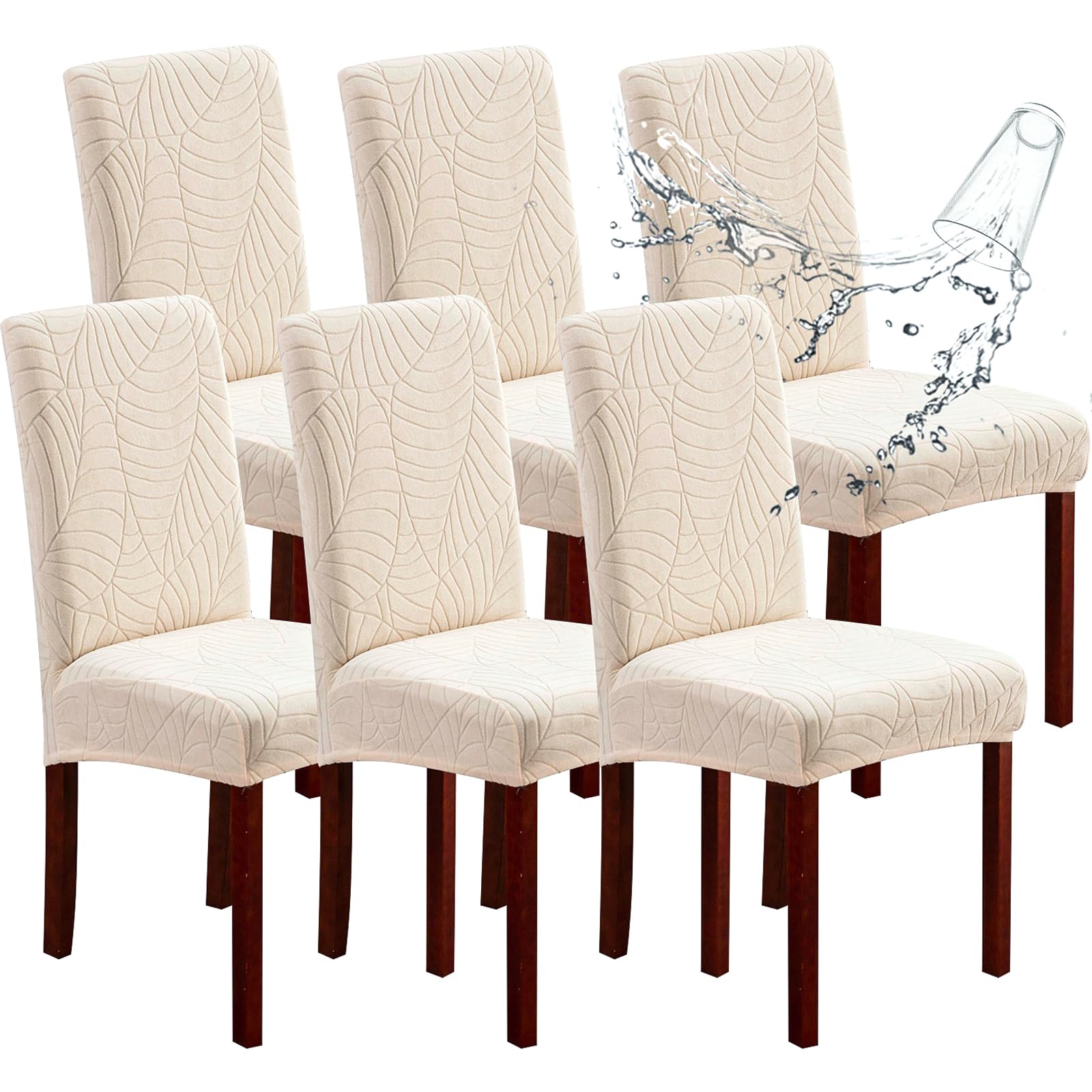 Genina Waterproof Chair Covers for Dining Room 6 Pack, Dining Chair Cover Removable Parson Chair Slipcover Chair Protectors Covers for Kitchen (Leaves-Beige, 6 PCS)