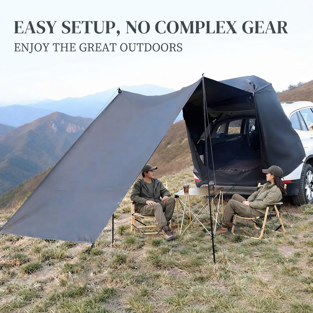 Tente de Hayon Universelle pour Voiture 2-4 Personnes, Étanche au Vent et à la Pluie, Protection Solaire, Toile Oxford Occultante, Bâche de Camping Imperméable ≥2000mm pour SUV (Noir)
