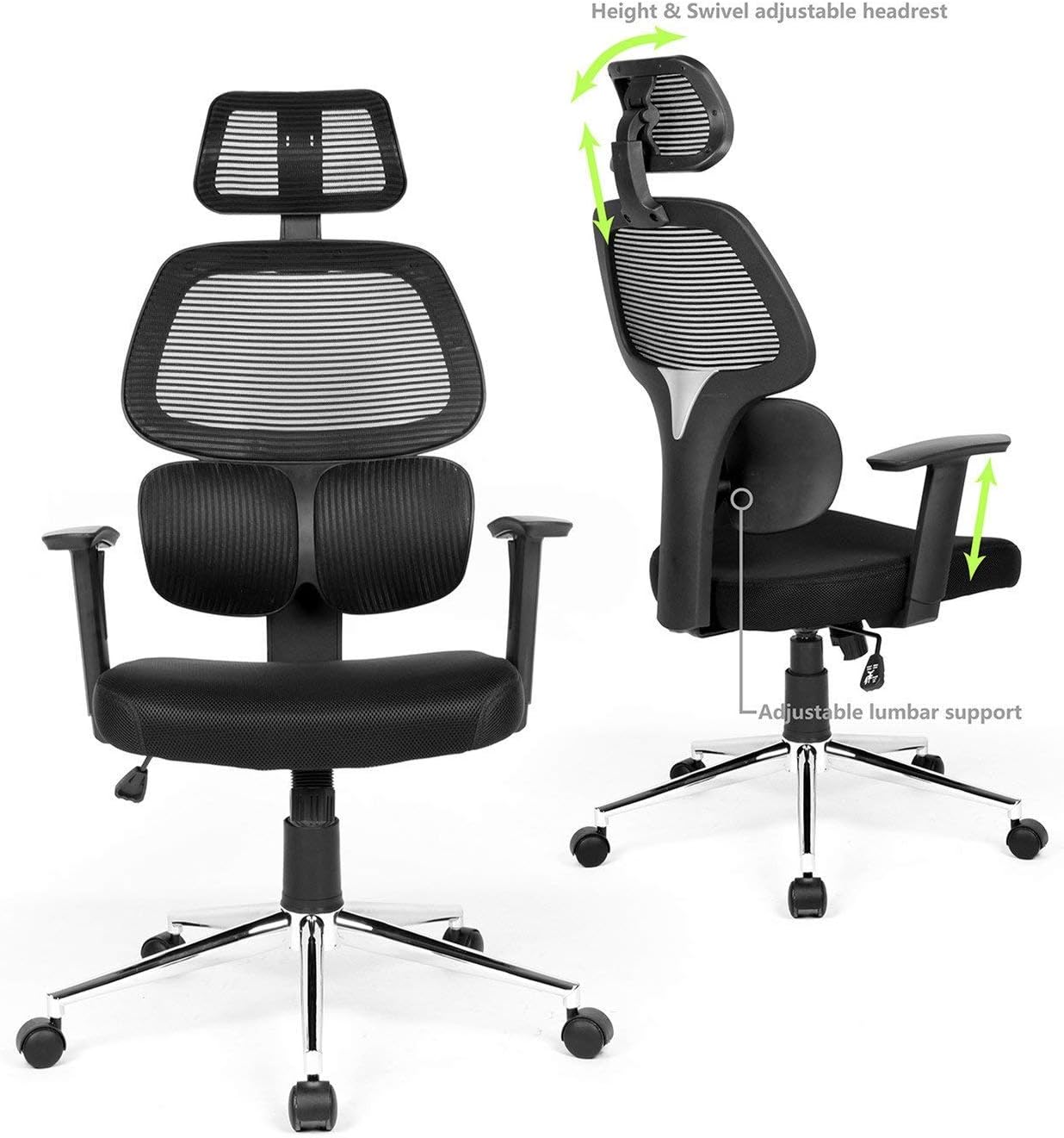 Ergonomic Office Chair Mesh Computer Desk Chair High Back Swivel Task Executive Chairs with Lumbar Support Adjustable Backrest Headrest Armrest Seat Height for Home Office Conference, Black TIKI-14