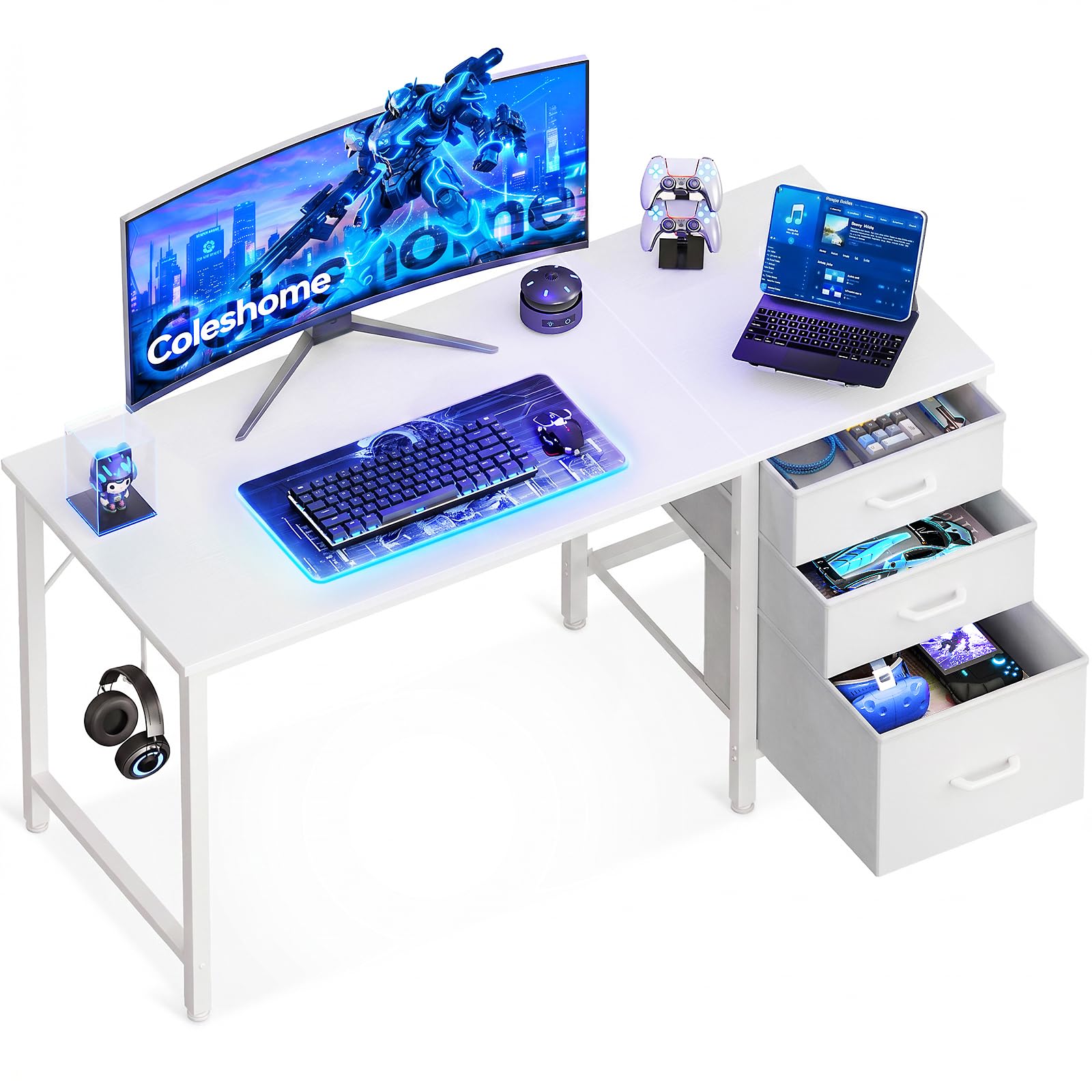 Coleshome Schreibtisch mit 3 Stoff Schubladen, 120x48cm Computertisch mit Kopfhörer Halter, Reversibler PC Schreibtisch Bürotisch für kleines Heimbüro, Weiß