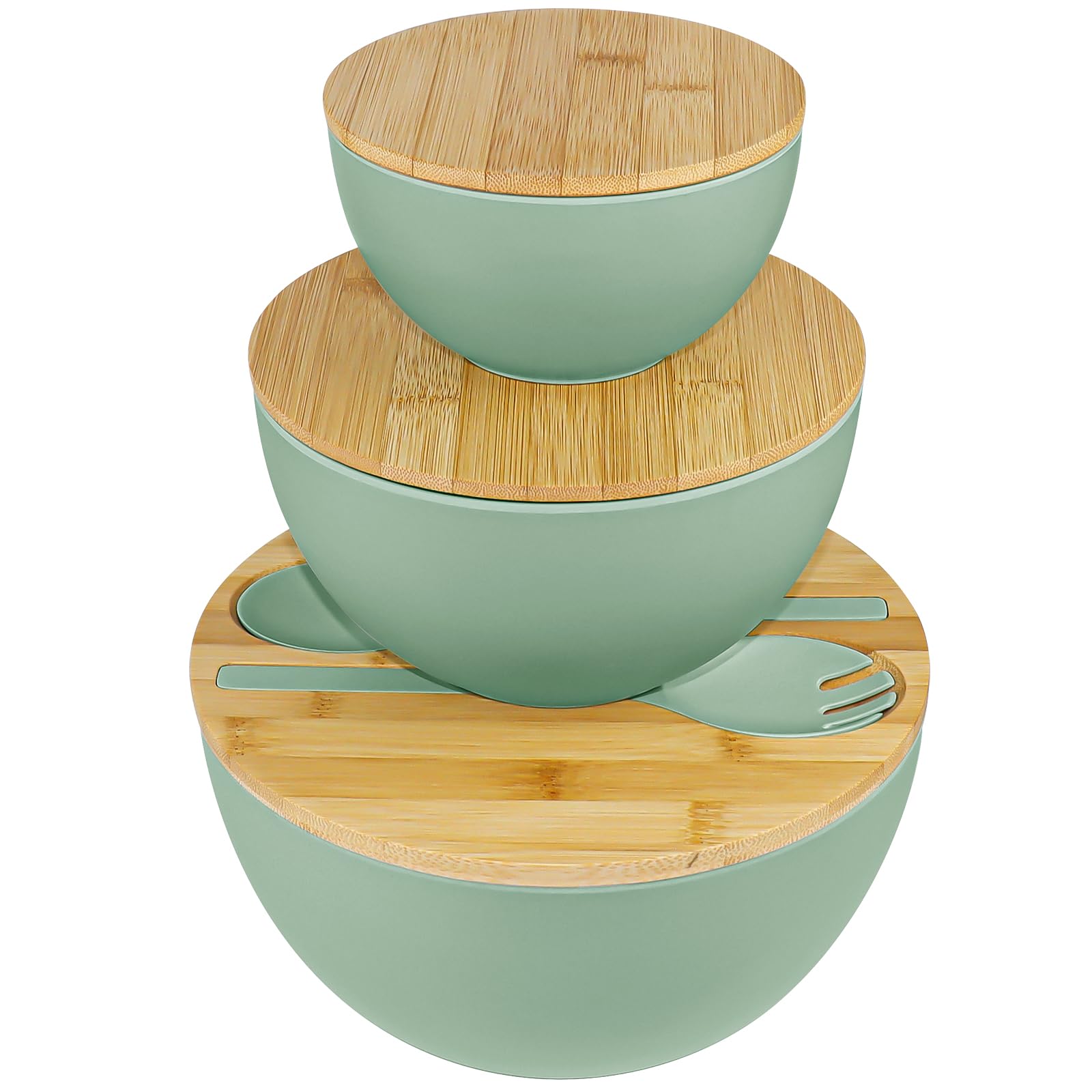 MSYU 3 Pack Salad Bowl with Servers Set Mixing Bowls Solid Bamboo Salad Wooden Bowl with Bamboo Lid Spoon for Fruits, Salads and Decoration (9.8INCH, 7.6INCH, 5.9INCH), Cyan