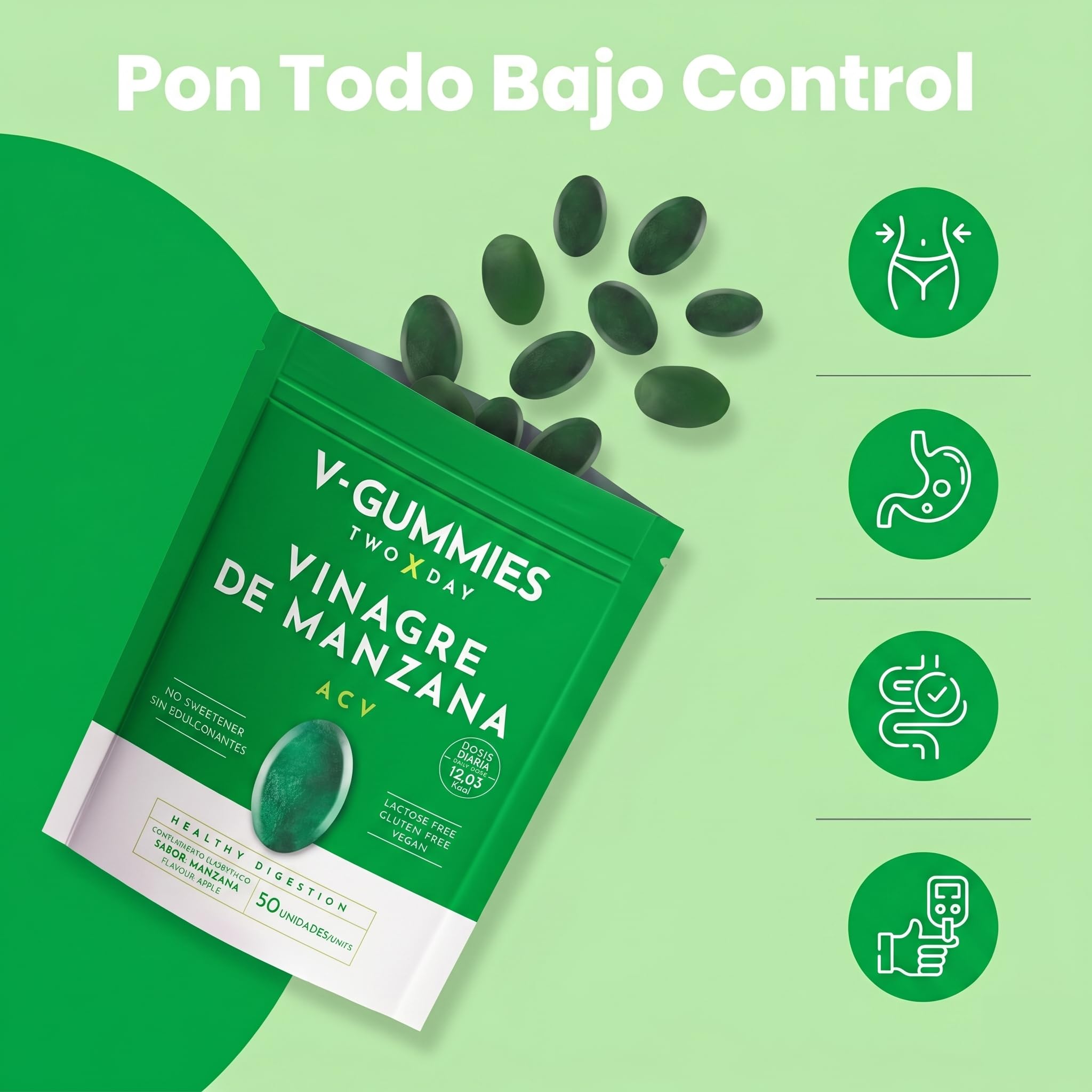 V Gummies - Gominolas de Vinagre de Manzana para Salud Digestiva - Apple Cider Vinegar Gummies - Sabor Natural a Manzana con Vitamina C y Pectina - 50 Unidades