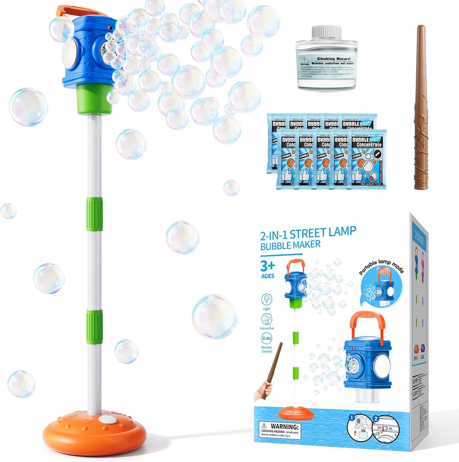2-in-1 Remote Street Lamp Bubble Machine for Kids 3-6 4-8 Years Old, Summer Outdoor Bubble Maker Toys with Lights for Boys and Girls 3 4 5 6 7 8+ Birthday Wedding Party Gifts