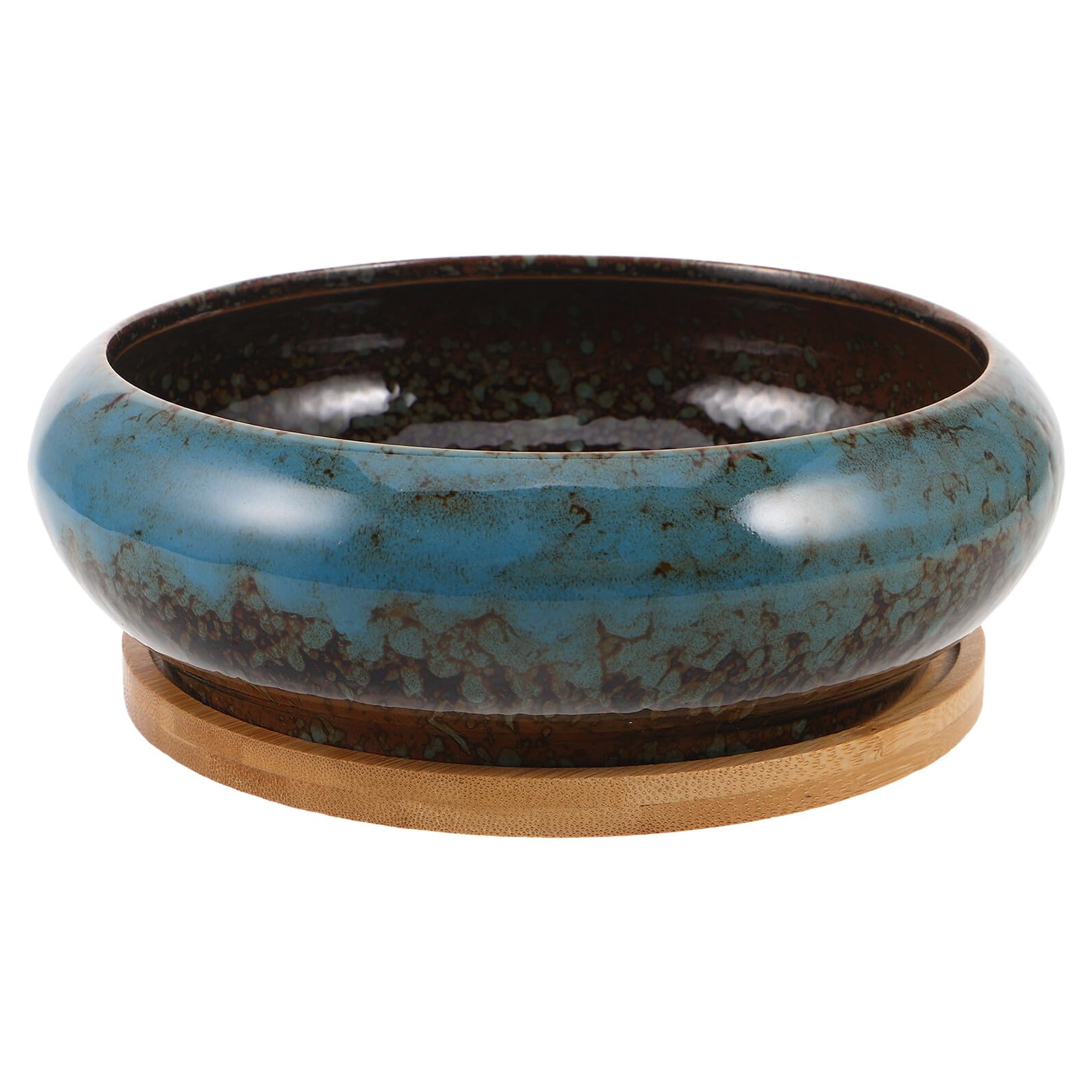 Pot plantes grasses bleu 17,5 cm évitant l'excès d'eau avec socle bois