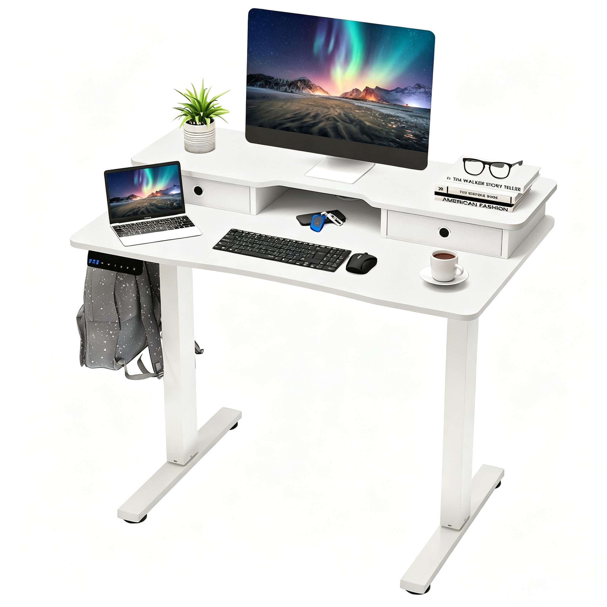 GIANTEX Scrivania elettrica regolabile in altezza, con supporto per monitor, 2 cassetti, 2 ganci, piccola scrivania per computer con altezza regolabile da 73 a 122 cm, per studio e ufficio (bianco)